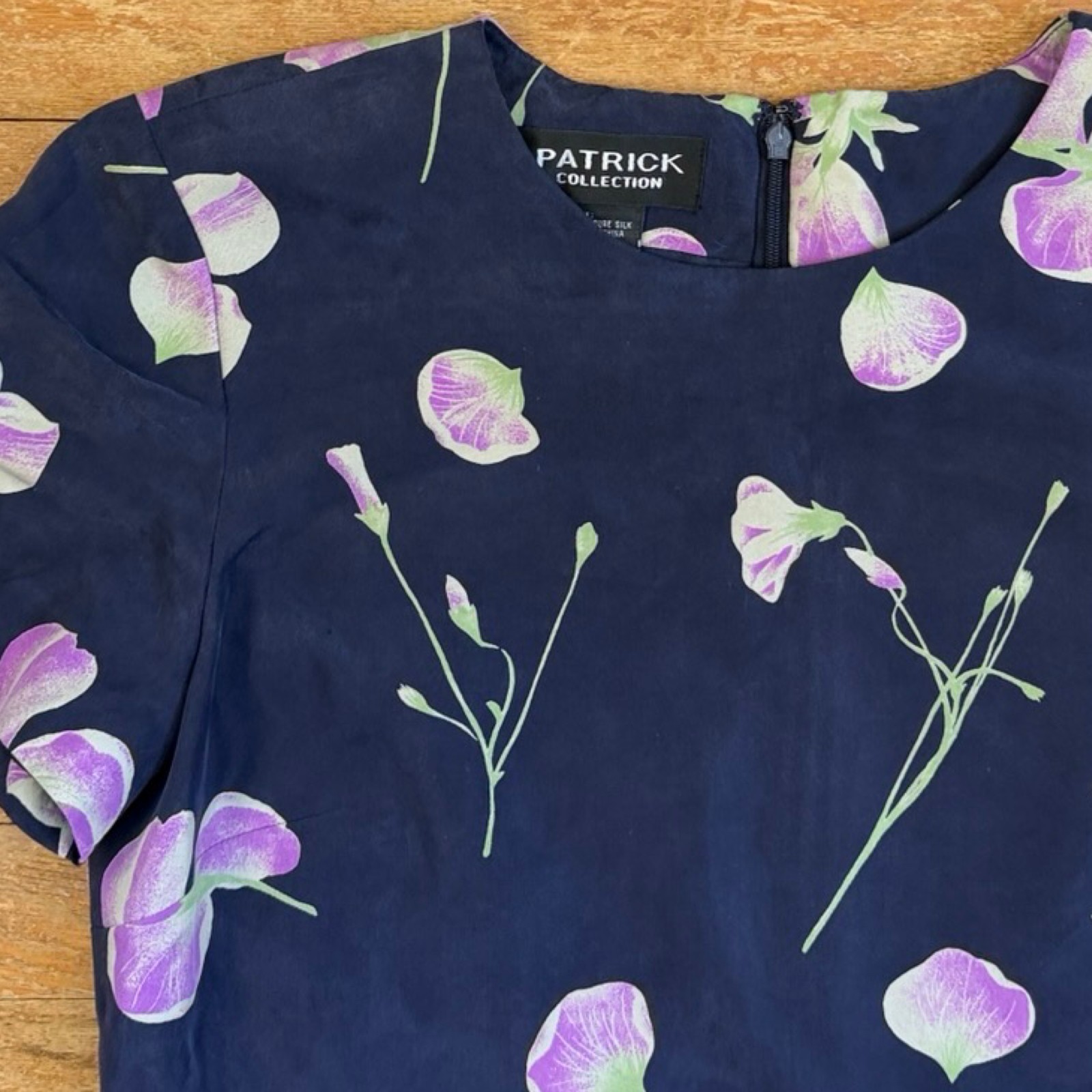 Vintage Iris Print Silk Dress Size Medium 90s Dark Blue/Purple Floral Garden