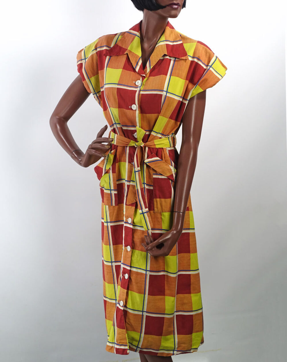 40s Day Dress 50s Women’s Vintage Large Scale Plaid Sunshine Colors Summer