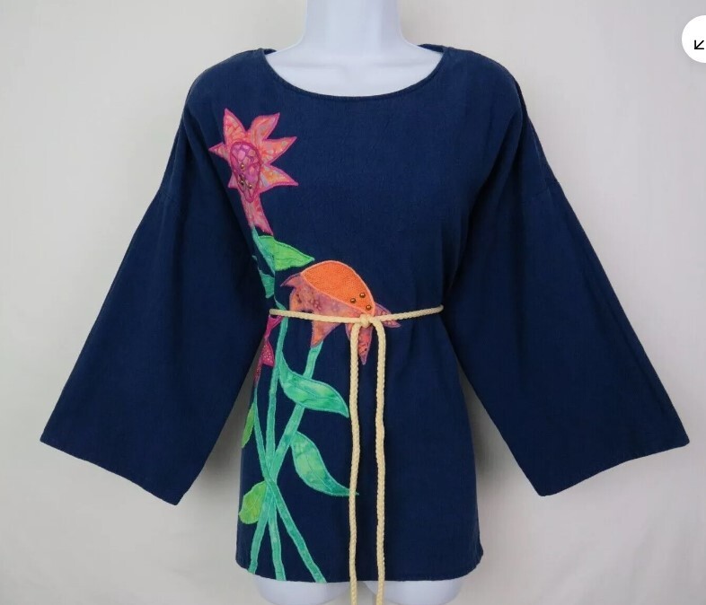 VTG 1970s 80s ALFREDO’S WIFE GREEN COTTON BOHO HIPPIE SMOCK TOP TUNIC POINSETTIA