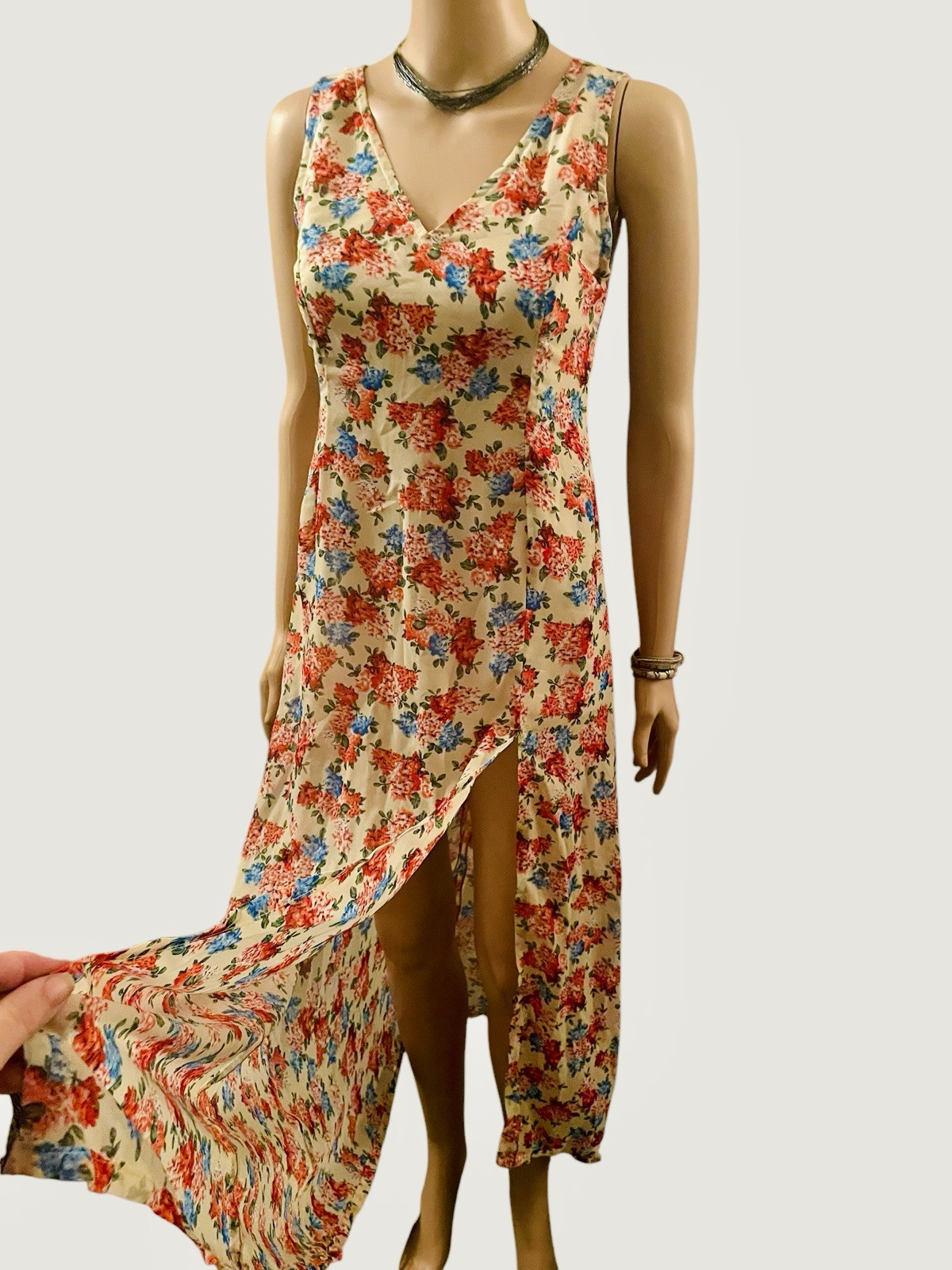 Vintage Silk Dress 1970s Floral Sheer Maxi Sexy Side Split V Neck Cottagecore S