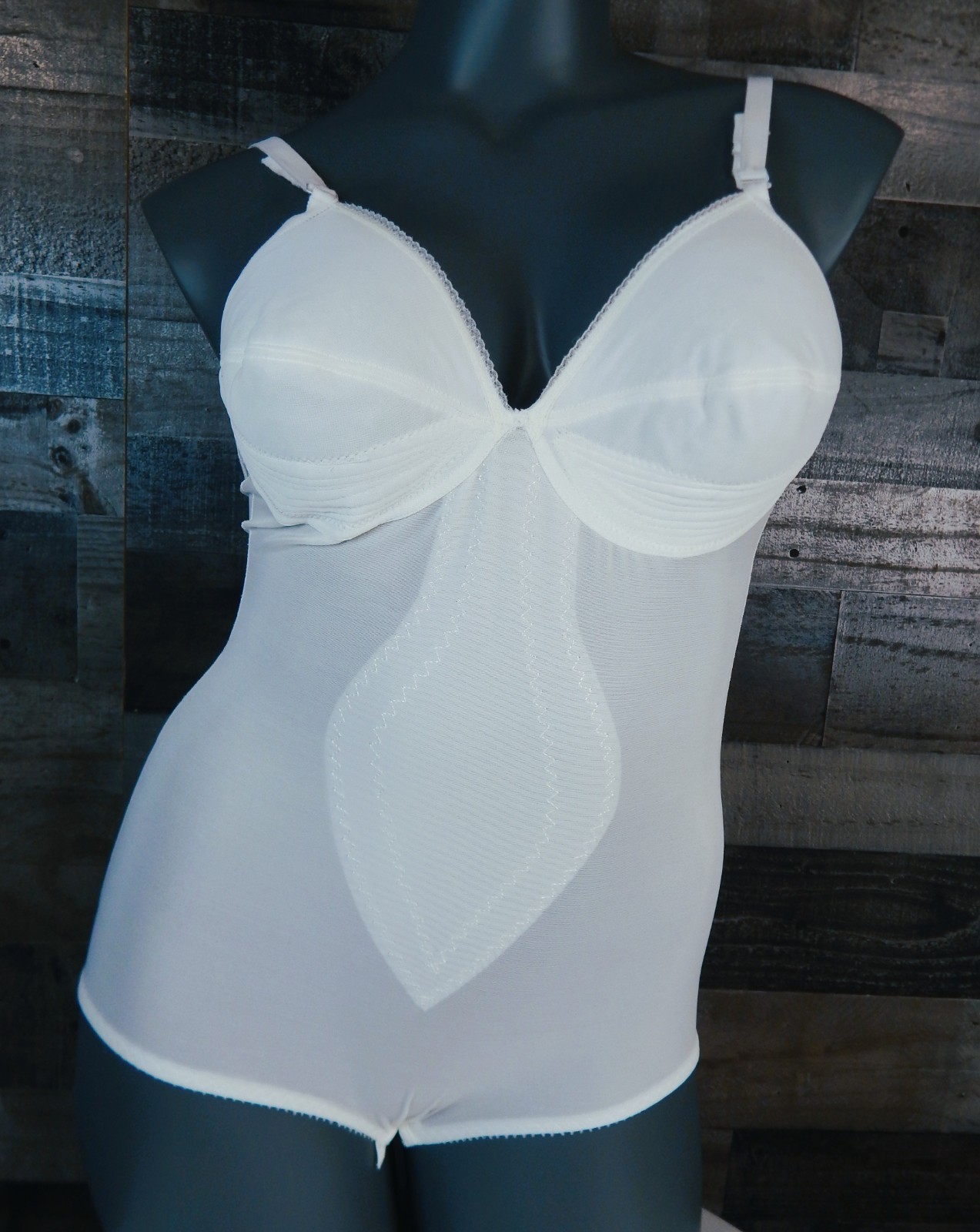De Luxe Fashions All in One White Stretchy Girdle Bodysuit Soft Cups-Style 40B
