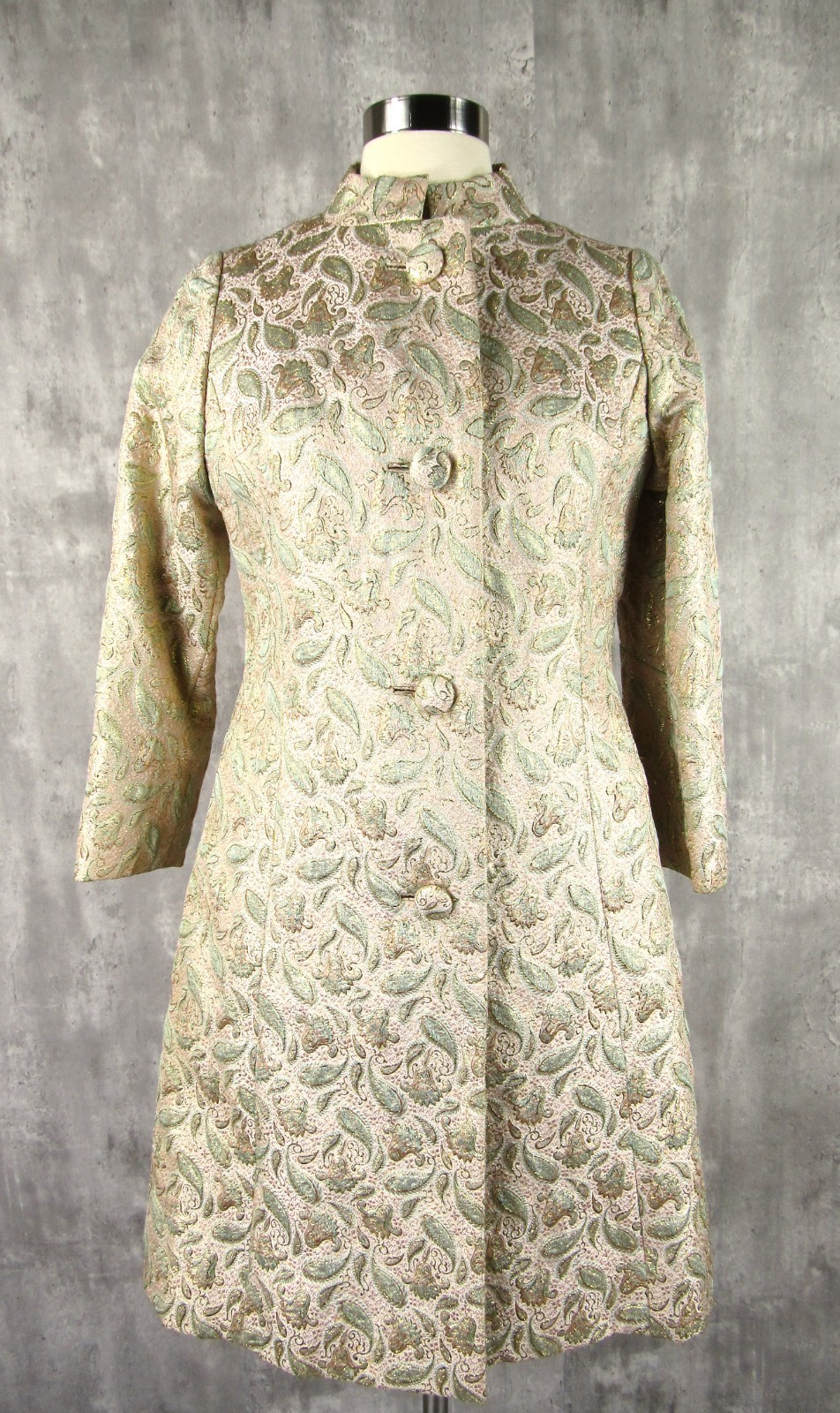 Vintage 60s NOS Gold Pink Metallic Brocade Paisley Dress Coat Set 2pc Evening