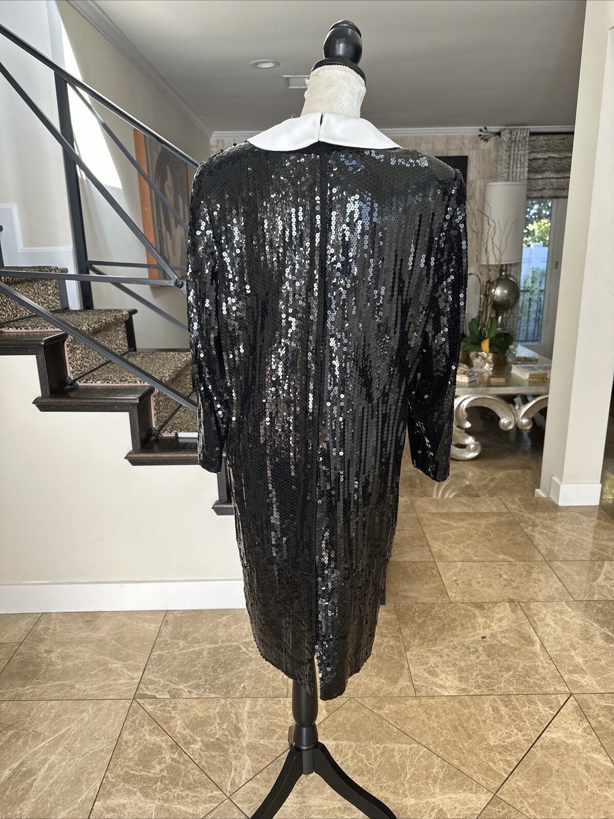 Jill Richards Chic 80s Black Sequined Sheath Dress White Collar & Rose 14 M