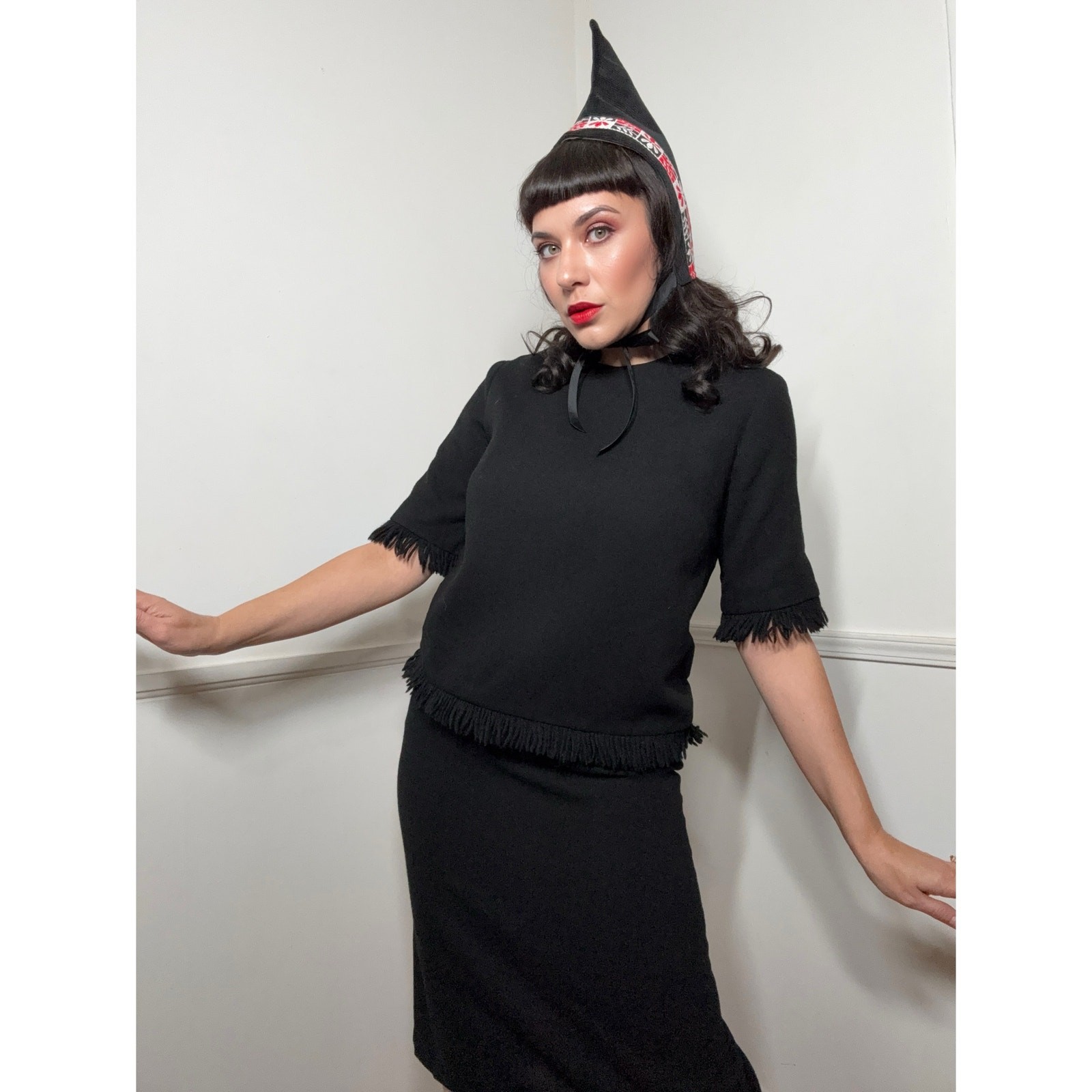 Medium 1960s Vintage Black Knit Fringed Dress by Eve Le Coq
