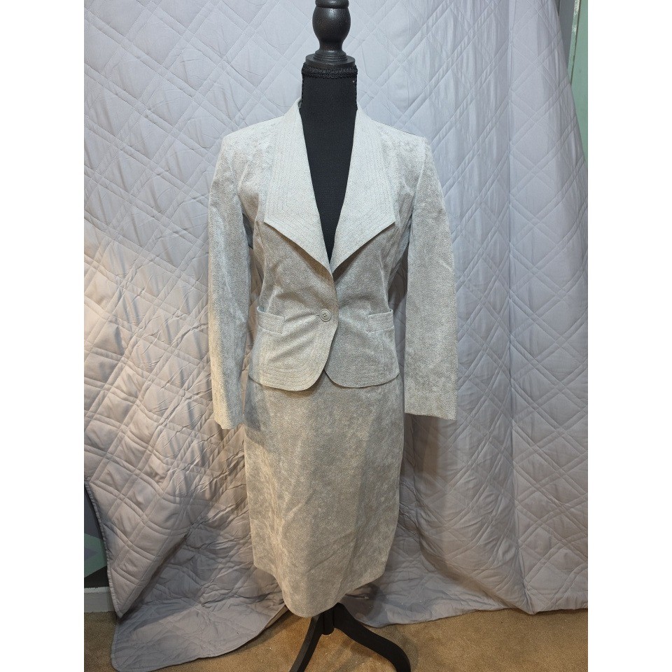 Gino Rossi Wilson UltraSuede Skirt Suit Set Gray Blazer Pencil Skirt Vintage