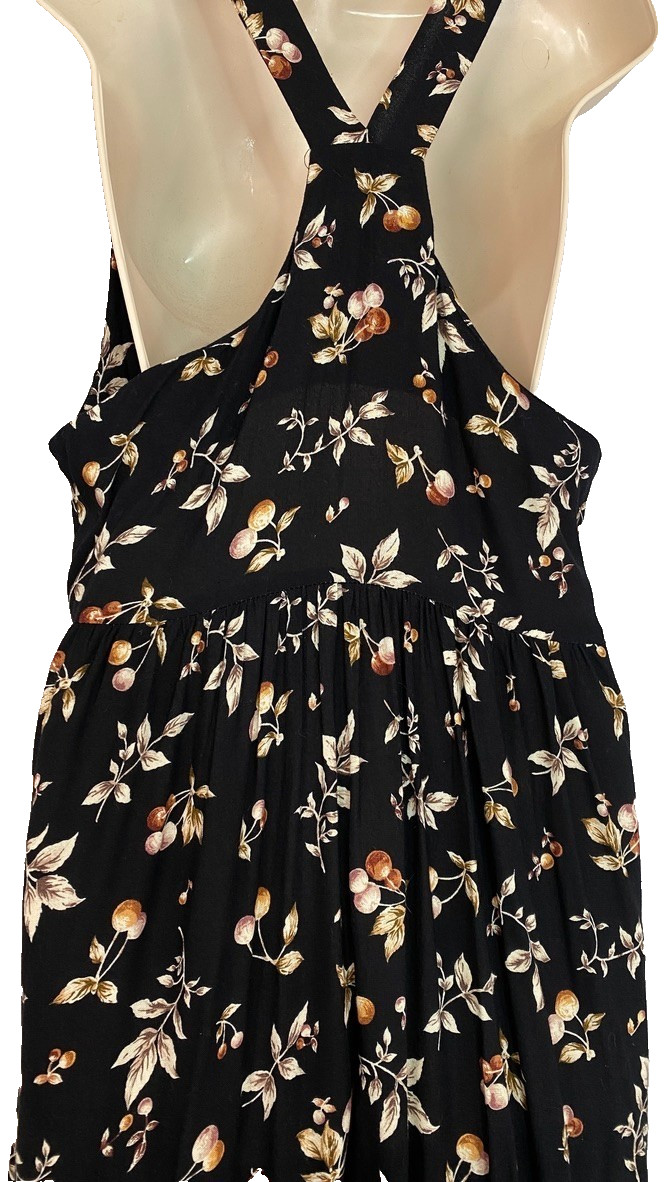 Vintage 1990s black cherry maxi dress S M jumper sleeveless rayon novelty print