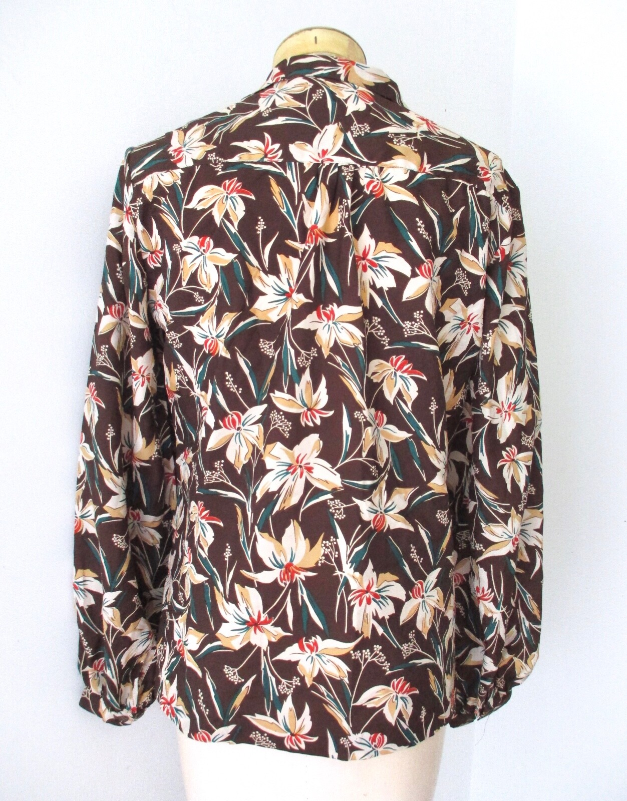 Vtg 70s brown gold lilly floral silky poly secretary blouse top lantern slvs 14