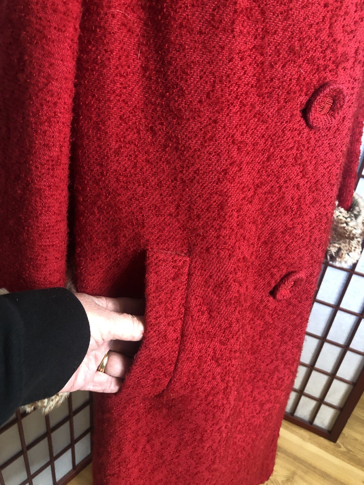 Vintage 1950s Red Nubby Boucle Swing Rockabilly Fur Trim Coat Med/Large