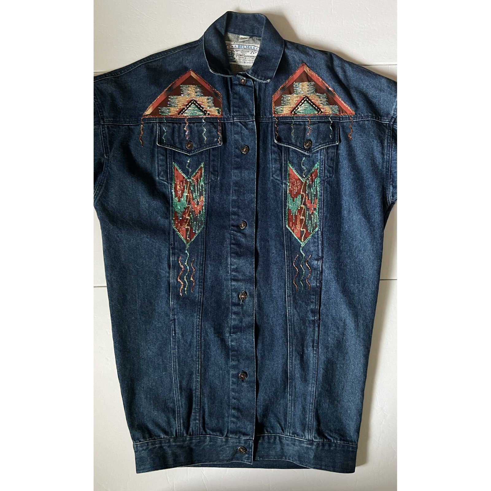 VTG BELMA – 80s Embellished Heavy Denim Trench Coat Jean Jacket Duster – Medium