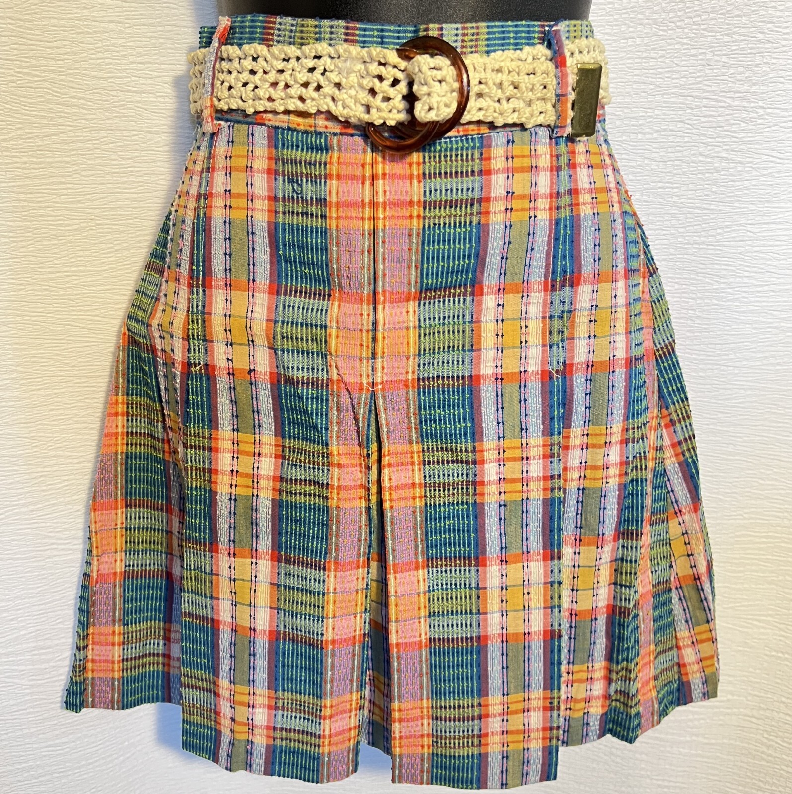 1970s Vtg 2pc Skirt Suit S Multicolored Nubby Plaid Short Sleeve Miss Pat w Belt