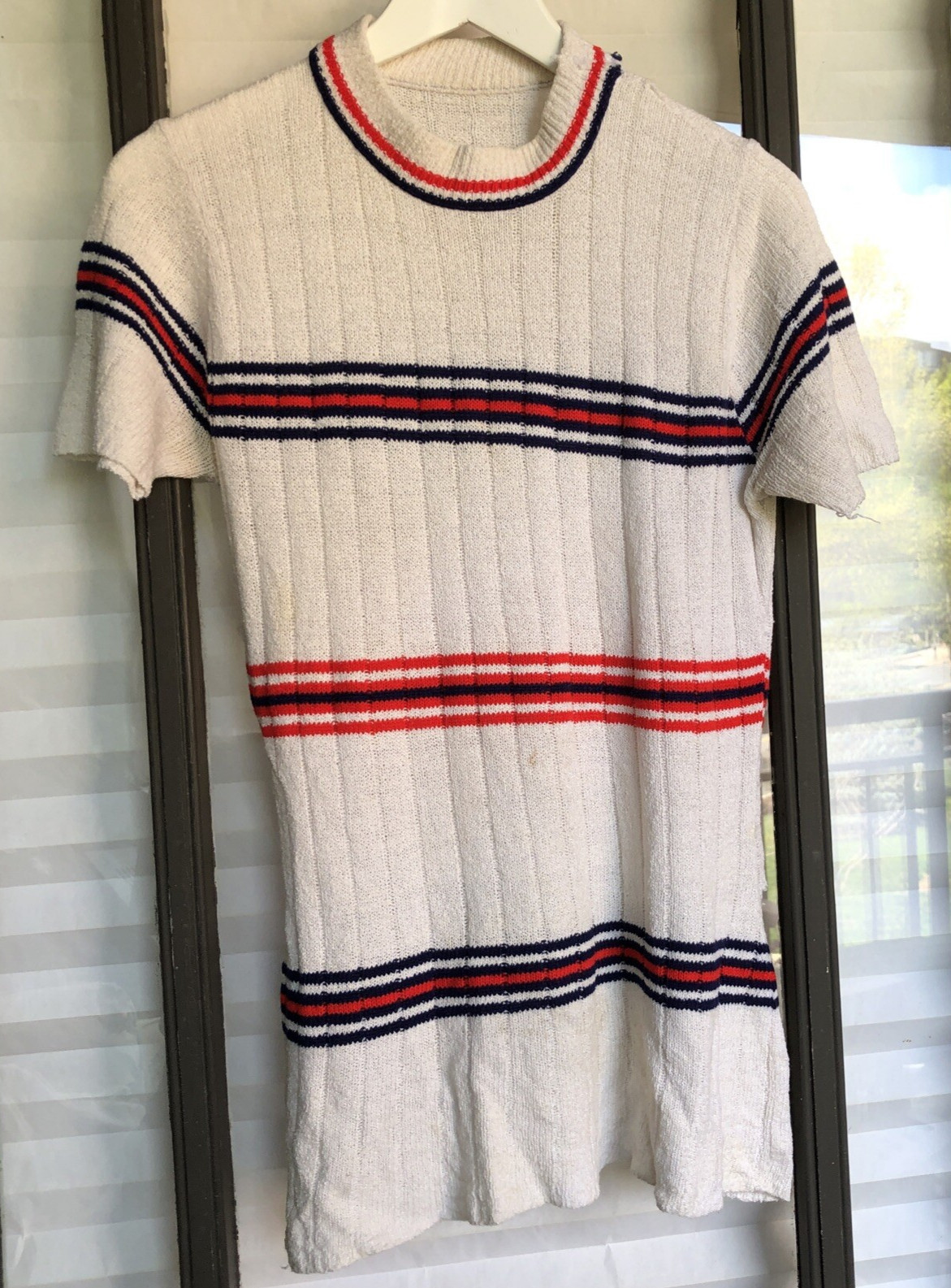 VINTAGE 1960s shirt striped knit short sleeve white red blue size S/M