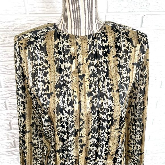 Vintage Nicola Animal Print Pleated Shirt Size 8 Leopard Gold Black Cream