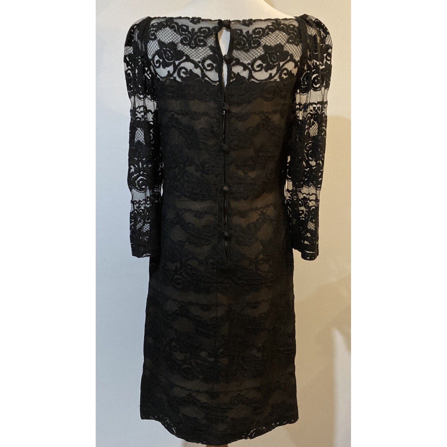Vintage Anthony Muto Black Lace Dress Union Made in USA 1960s Puff Sleeve Size 8