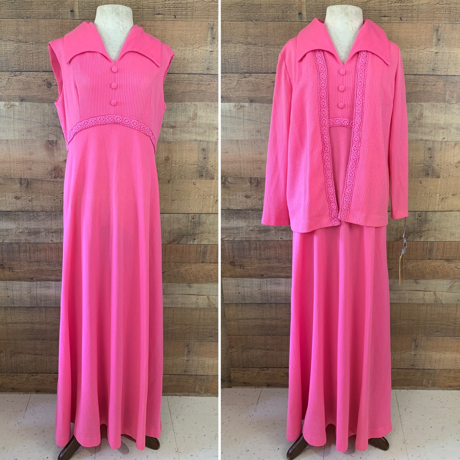 Vintage 1960s 1970s Maxi Dress Matching Jacket Set MOD Boho 36” Waist NWT