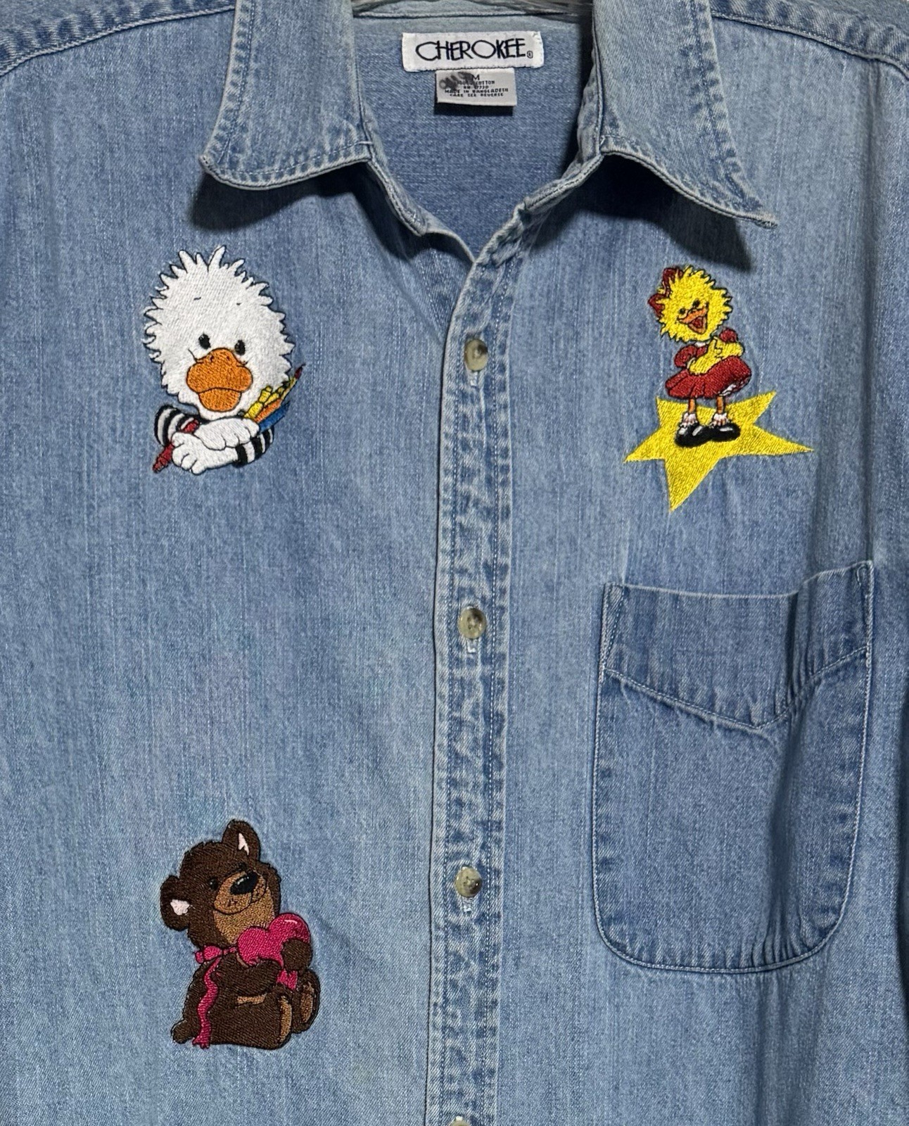Vintage Cherokee Women’s Denim Long Sleeve Cartoon Embroidered Shirt SZ M
