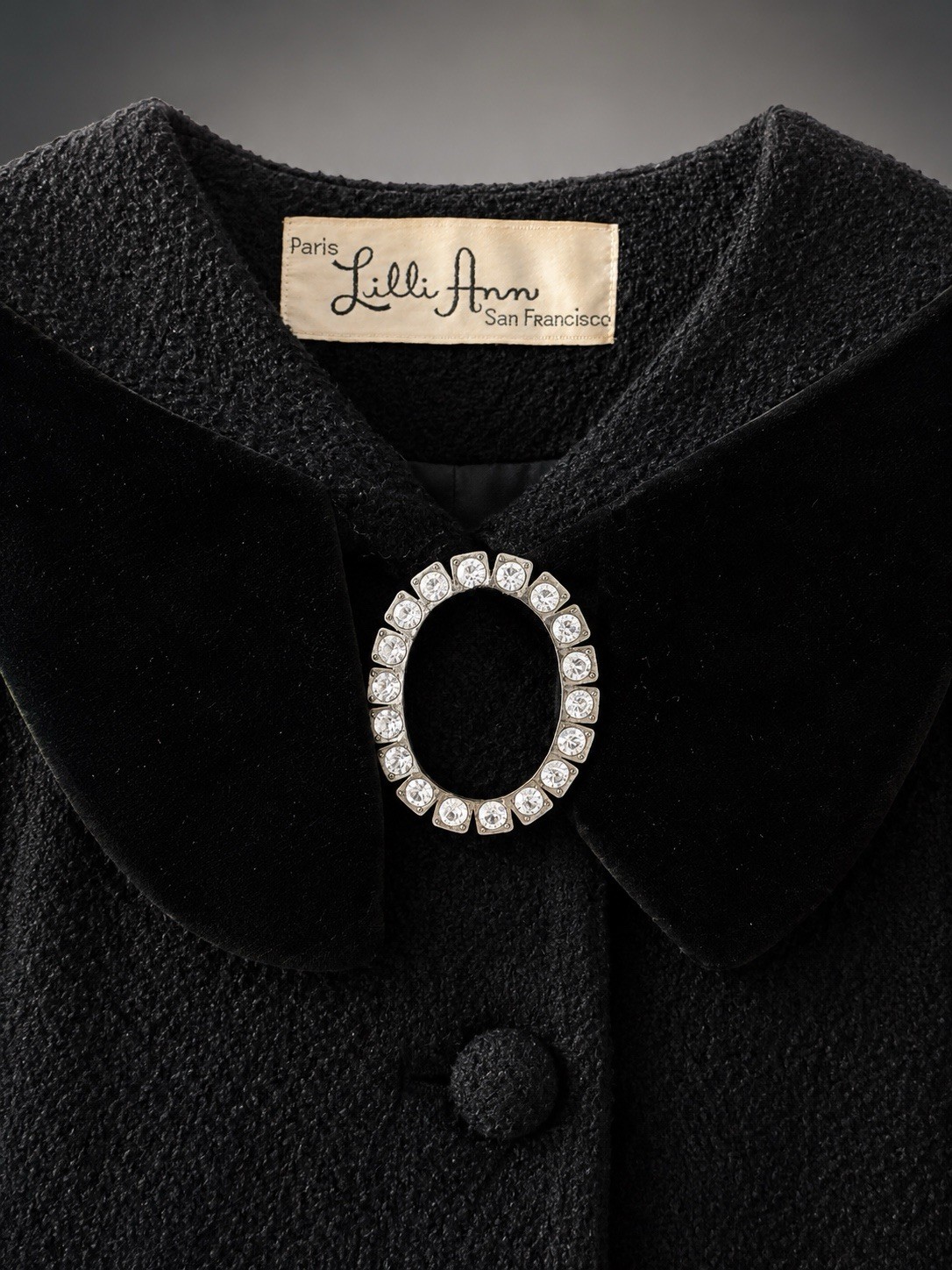 Vintage 1950s Lilli Ann Black Boucle Swing Coat Velvet Collar Rhinestone Buckle
