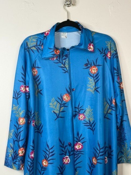 Vintage Elaine Skylar Blue Floral Long Caftan Lounger Half Zip Robe Mumu Dress L