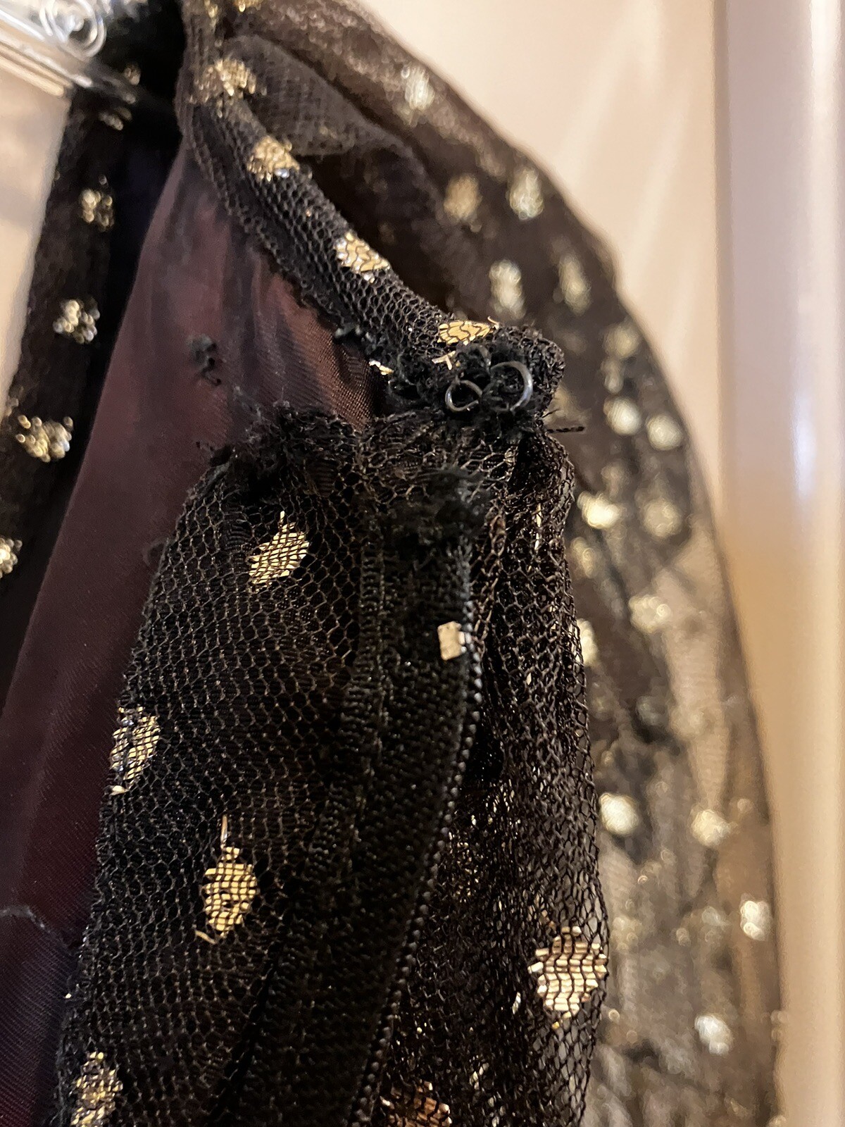 VTG Dress Nancy Bracoloni Shangri La Black Gauze W/ Gold Polka Dots See Measures