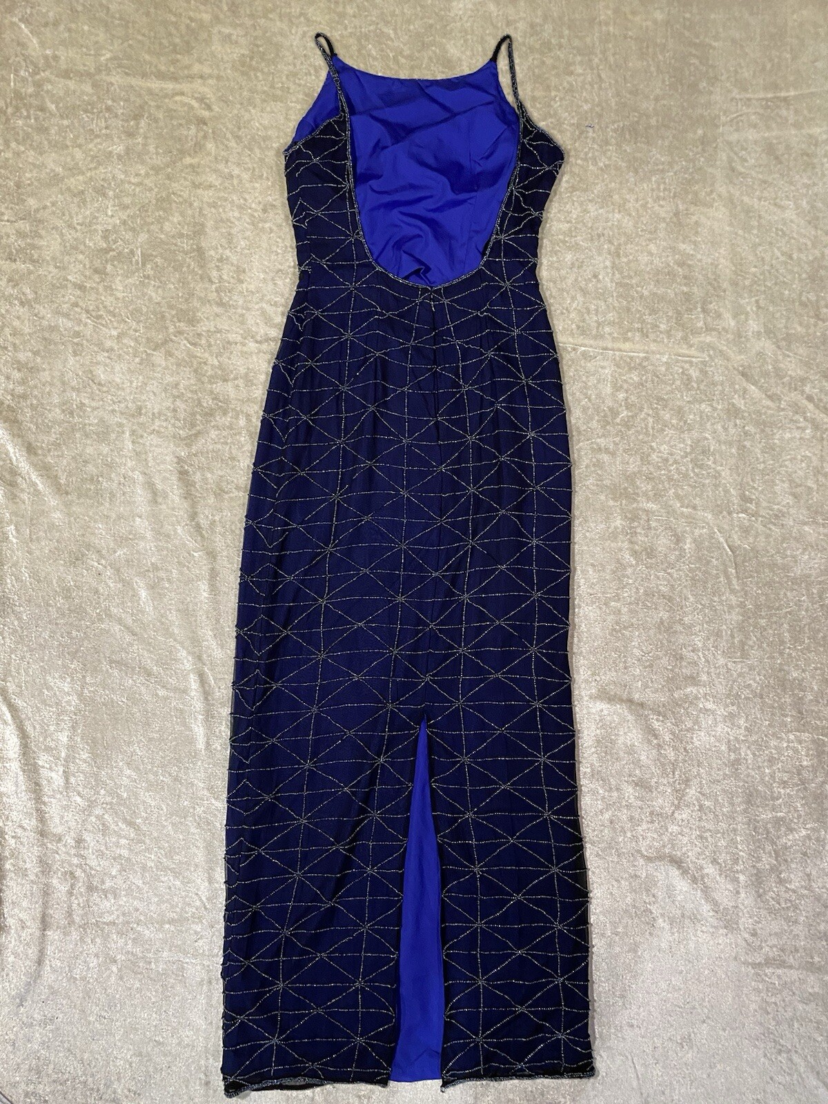 90s Andretta Donatello Beaded Prom Dress Blue Fitted Spaghetti Strap Y2K Small