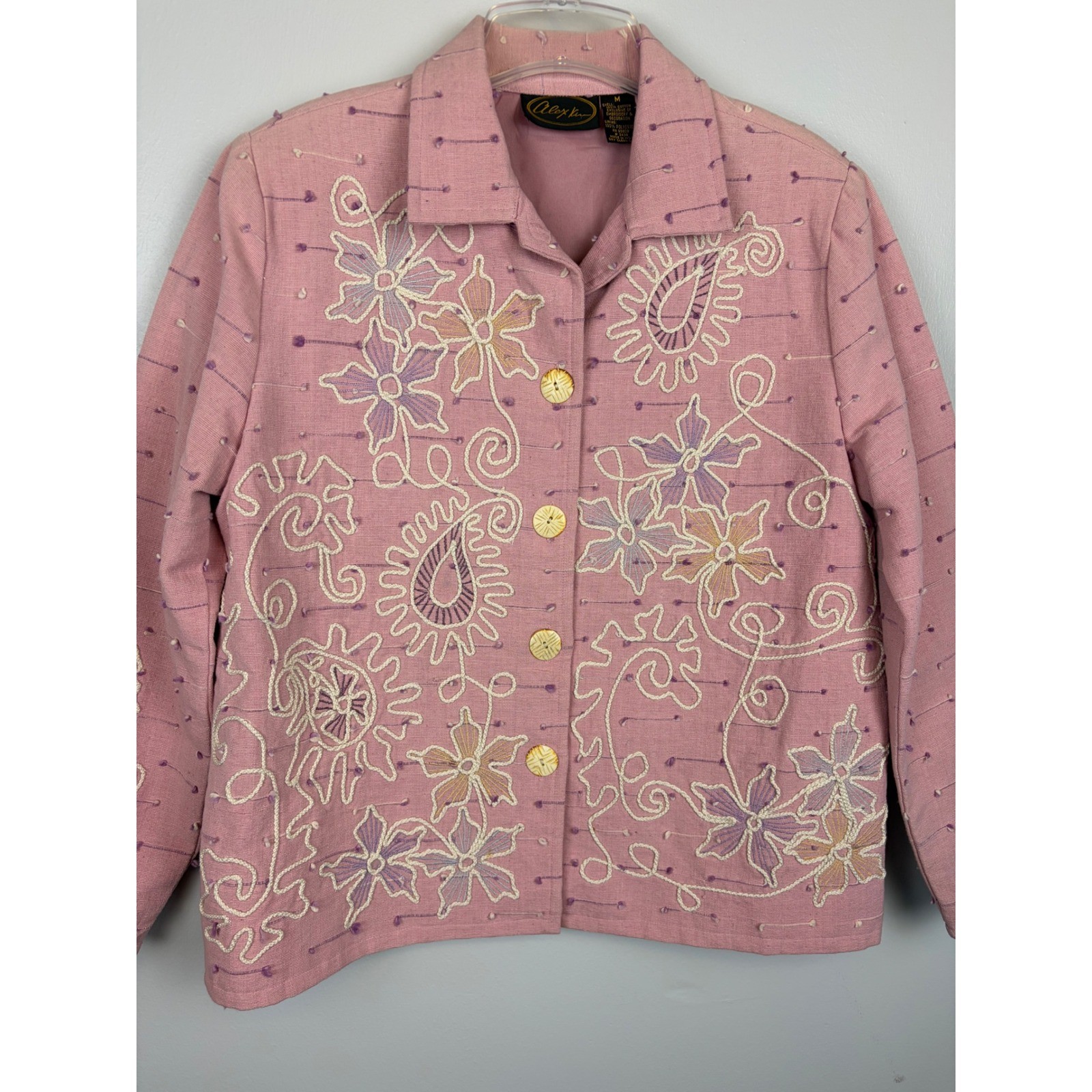 Alex Kim Pink Embroidered Floral Cotton Jacket Medium Art To Wear Boho Statement
