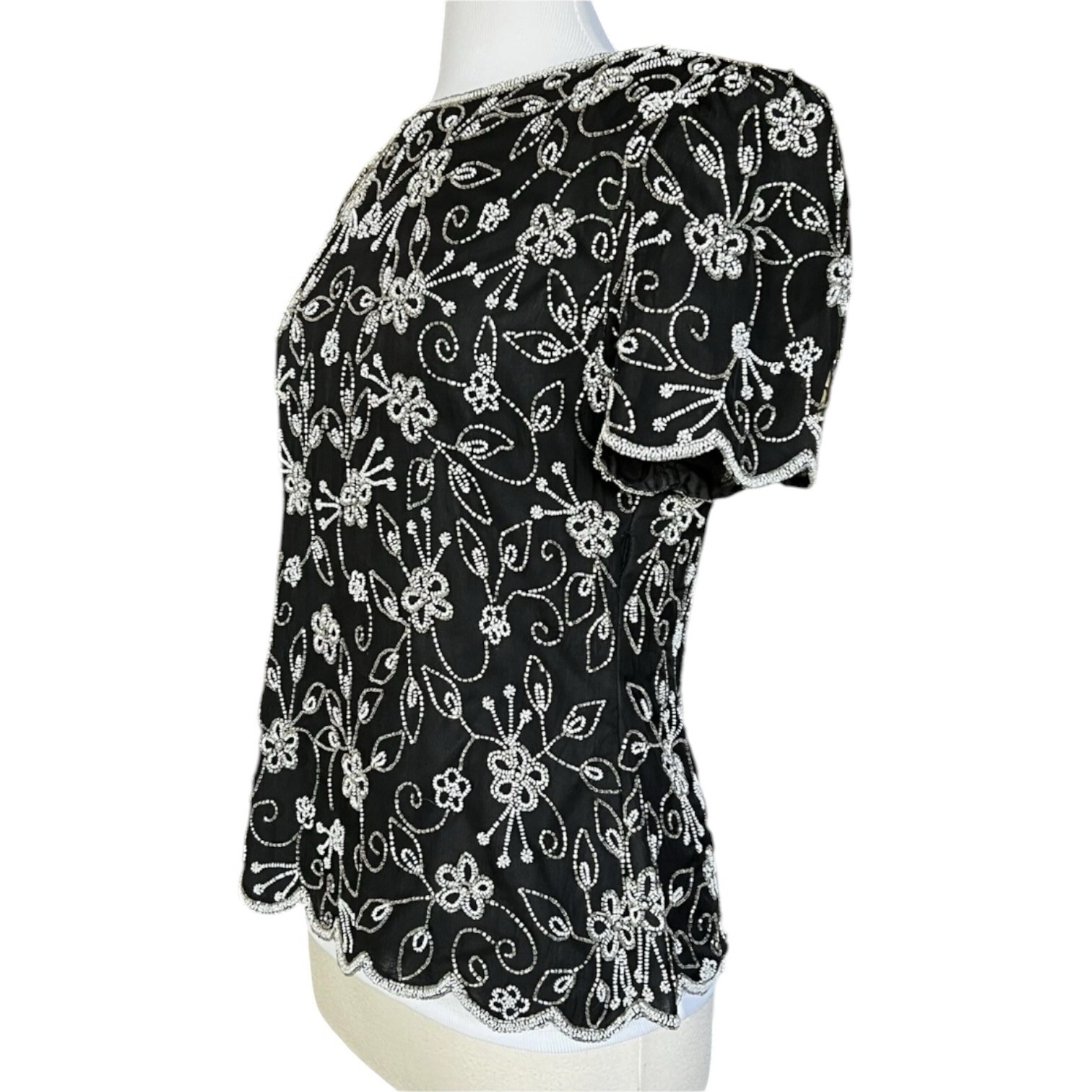 Vtg Laurence Kazar New York Evening Top Large Black Silver White Beaded Sequin