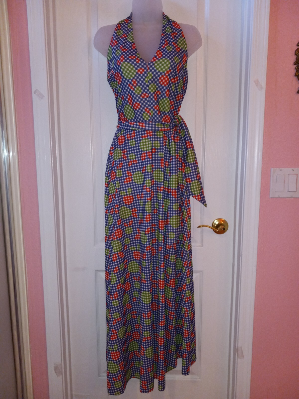 Vintage 70s Jonathan Logan Hippie Groovy Apple Polka-dot Halter Maxi Dress S/M
