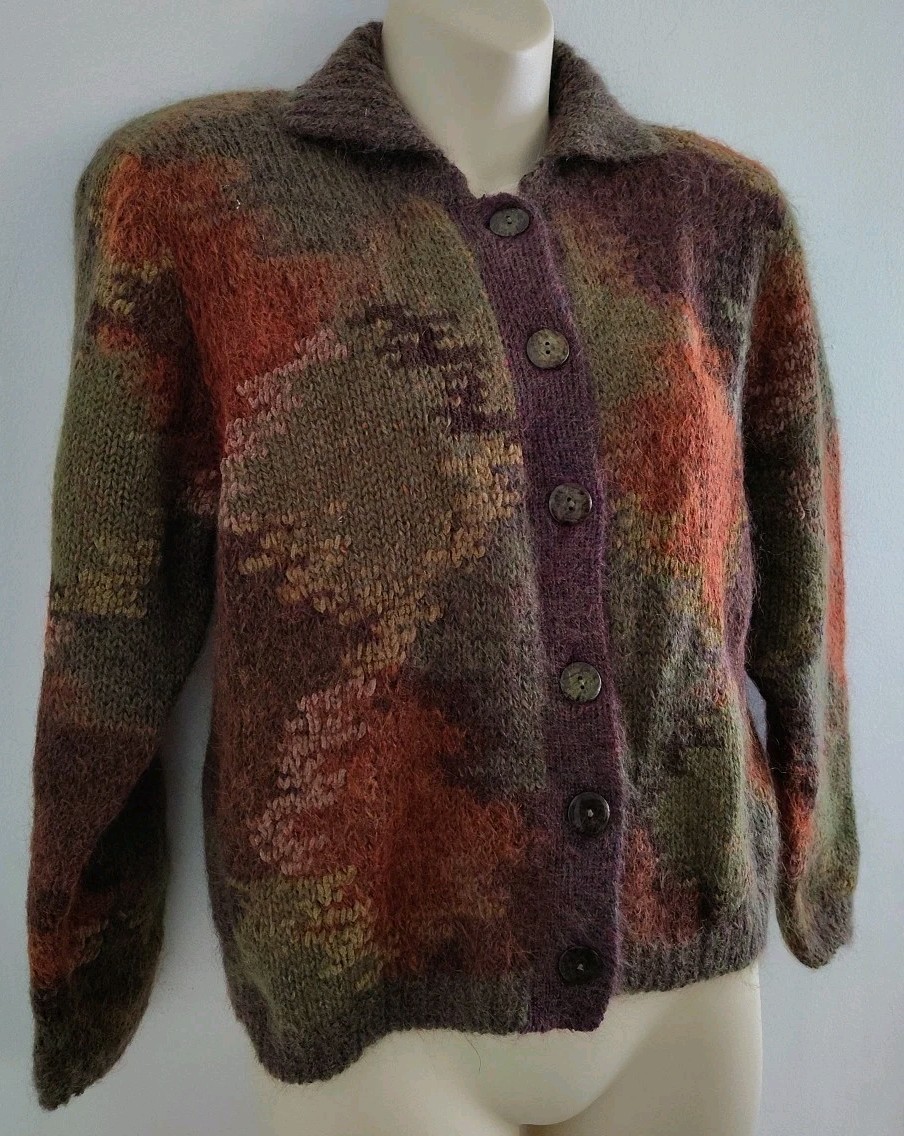 Vintage 80s Jeanne Pierre Multi Color Lambswool Angora Cardigan Sweater Size M