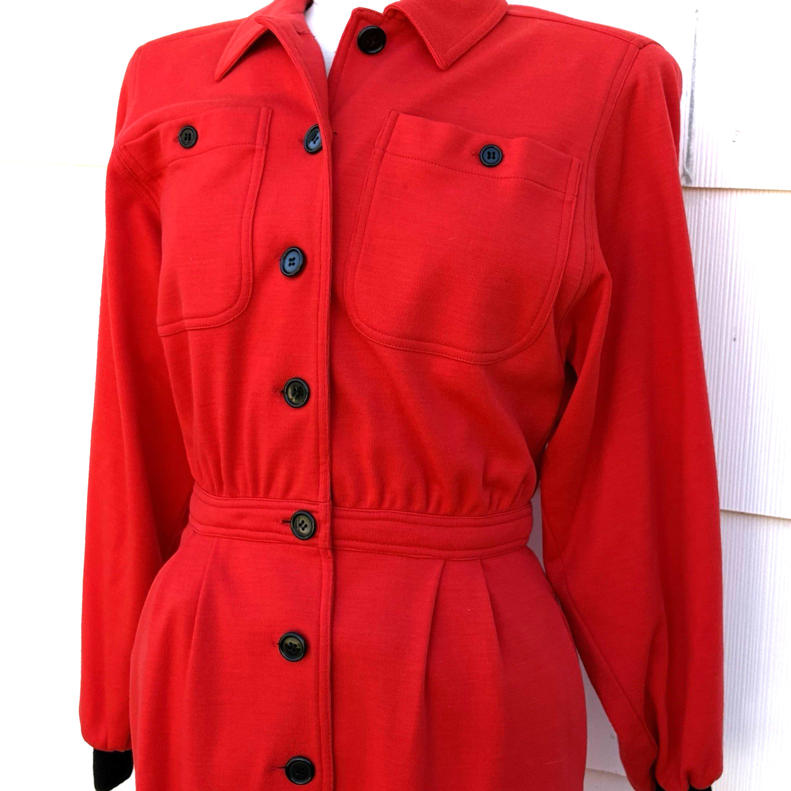 Vtg 80’s Valentino Miss V Dress Sz 6 42 Red Wool Long Sleeve Utility Dress Shirt