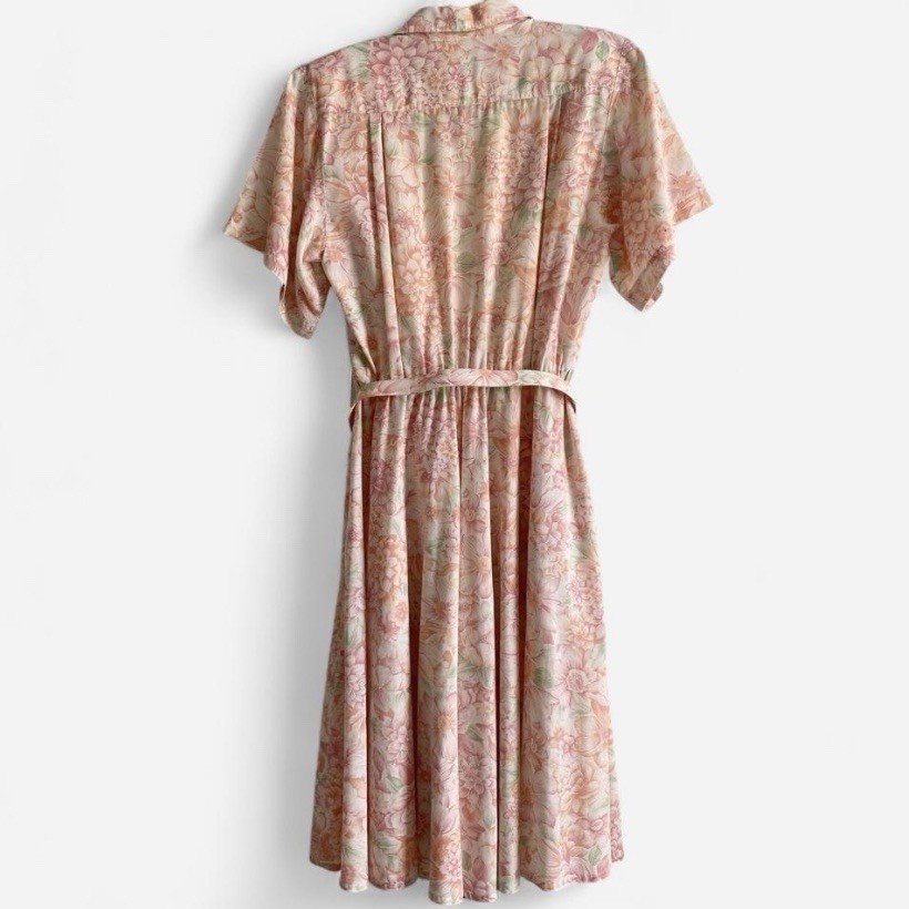 Vintage Floral Shirtwaist Midi Dress Belted Pink Cottagecore Tea Dress
