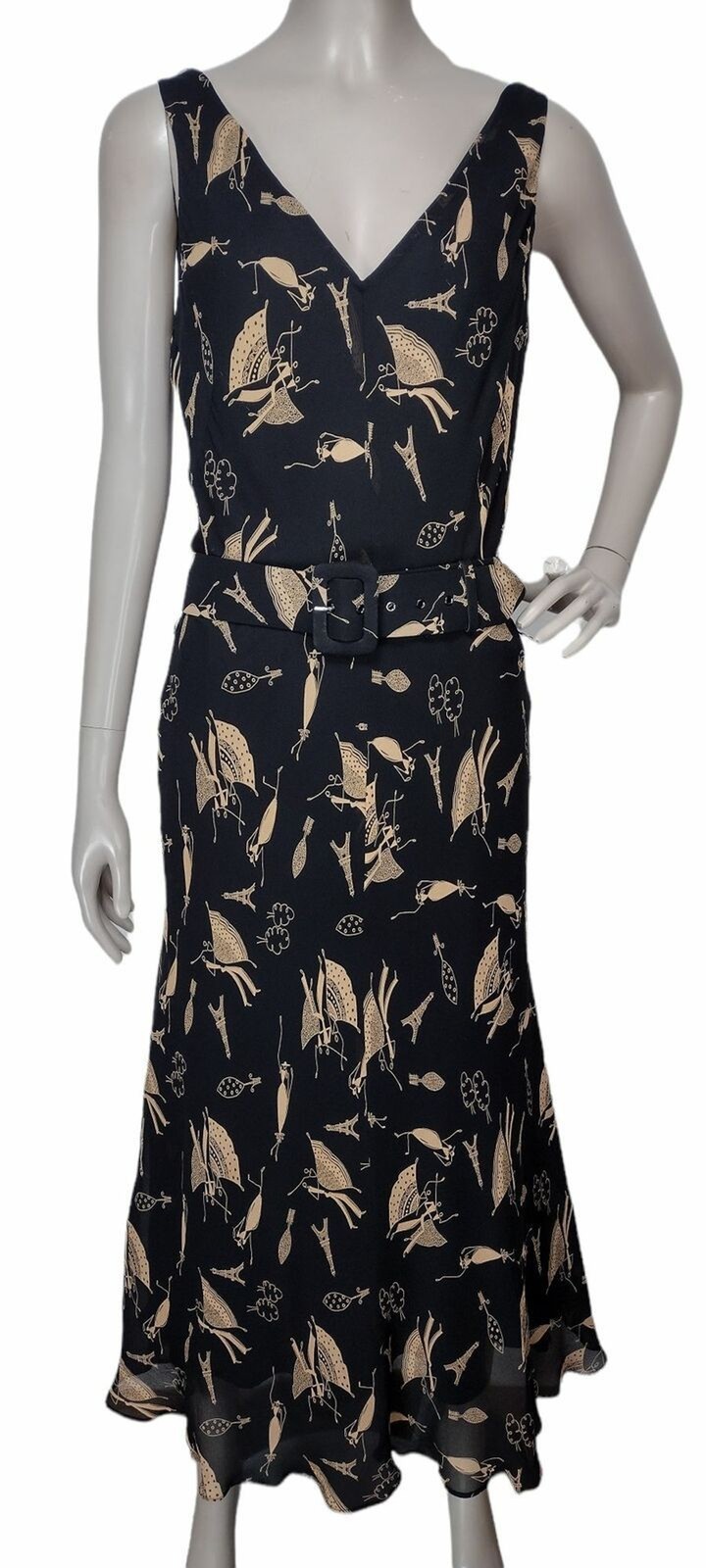 Vintage 90s 100% Silk Black Gold Paris Flamenco Dancer All Over Print Dress