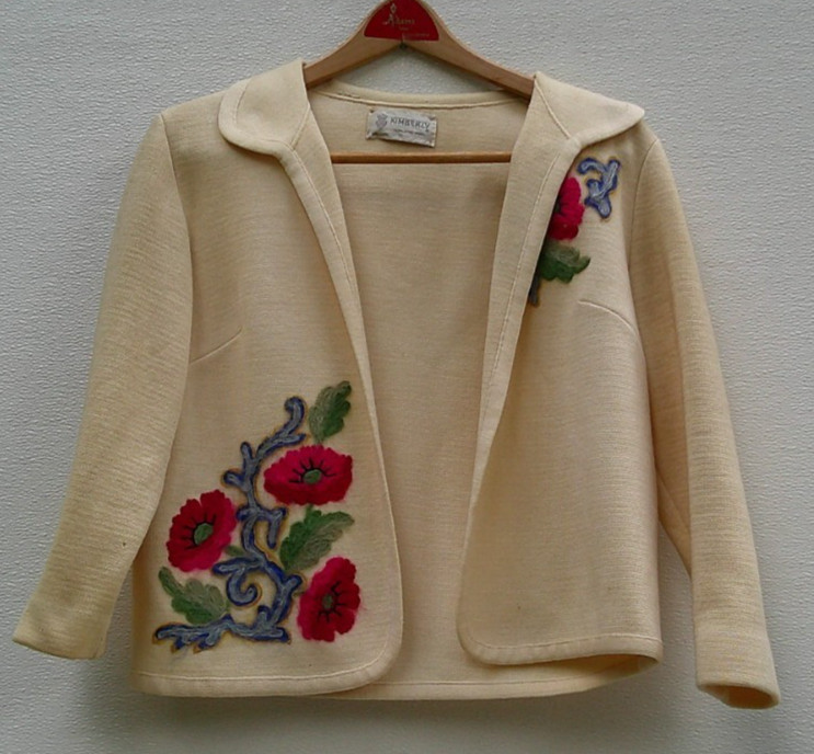 VTG Women Kimberly 100% Wool Floral Applique Open Front Sweater Jacket Damaged