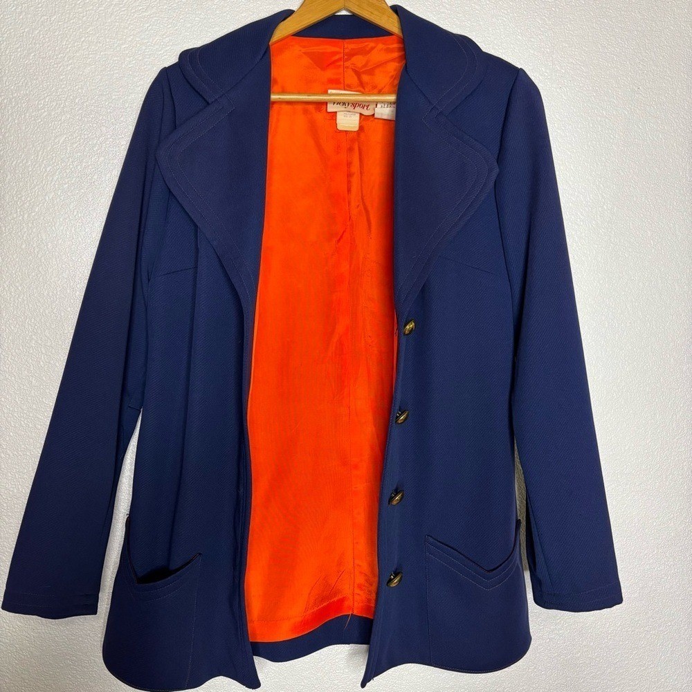 VTG Vicky Vaughn 60s 70s Sport Navy Blue Blazer Jacket Orange Gold Lining 15