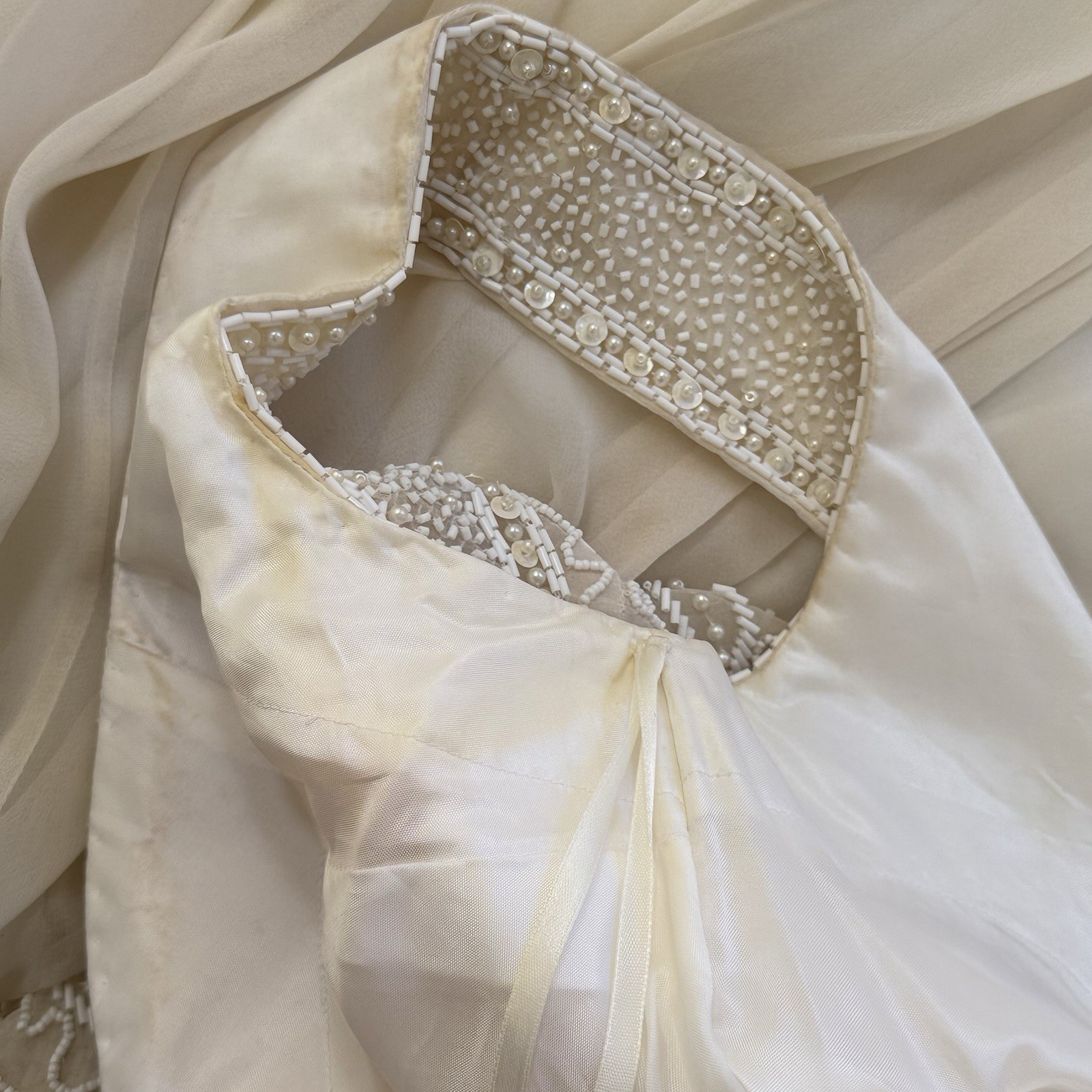 Vintage 100% Silk Cream Maxi Wedding Dress Bridal Wearable Art 80s Pearls Beaded
