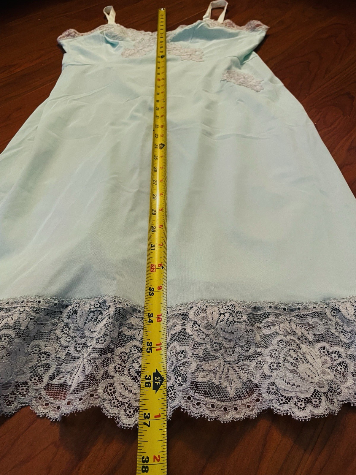 VTG 70s Sears Slip Dress Nightgown Sea foam Green Babydoll Nylon Lace Lingerie
