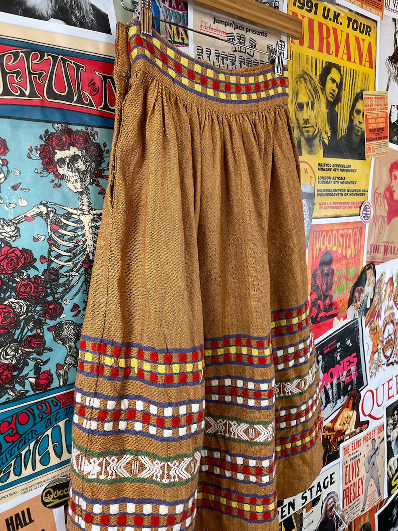 Vintage 50s Guatemalan Symbol Folk Art Embroidered Full Cotton Woven Skirt XS