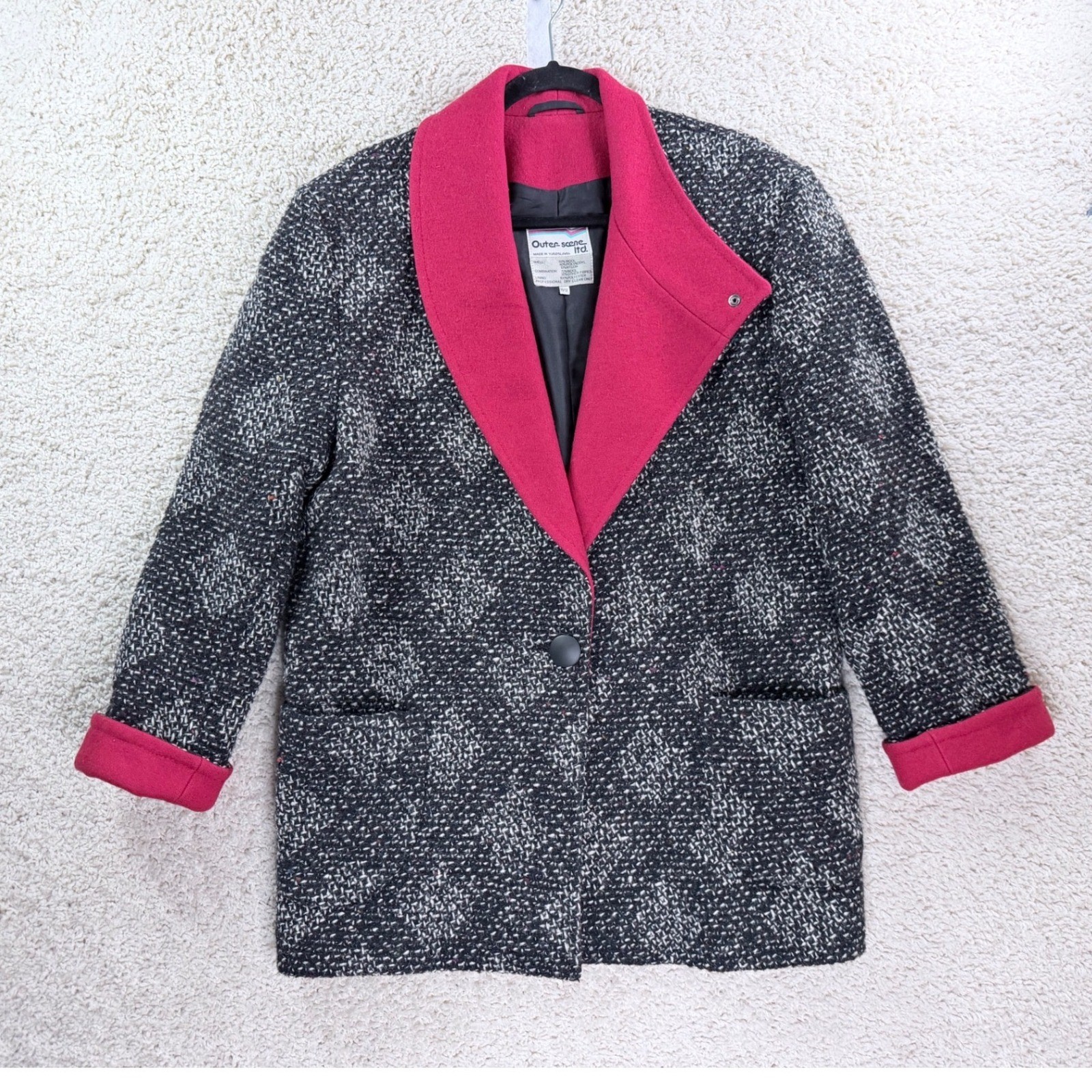 Outer Scene Ltd Wool Tweed Blazer Women 11/12 Pink Black Excellent Vintage Coat