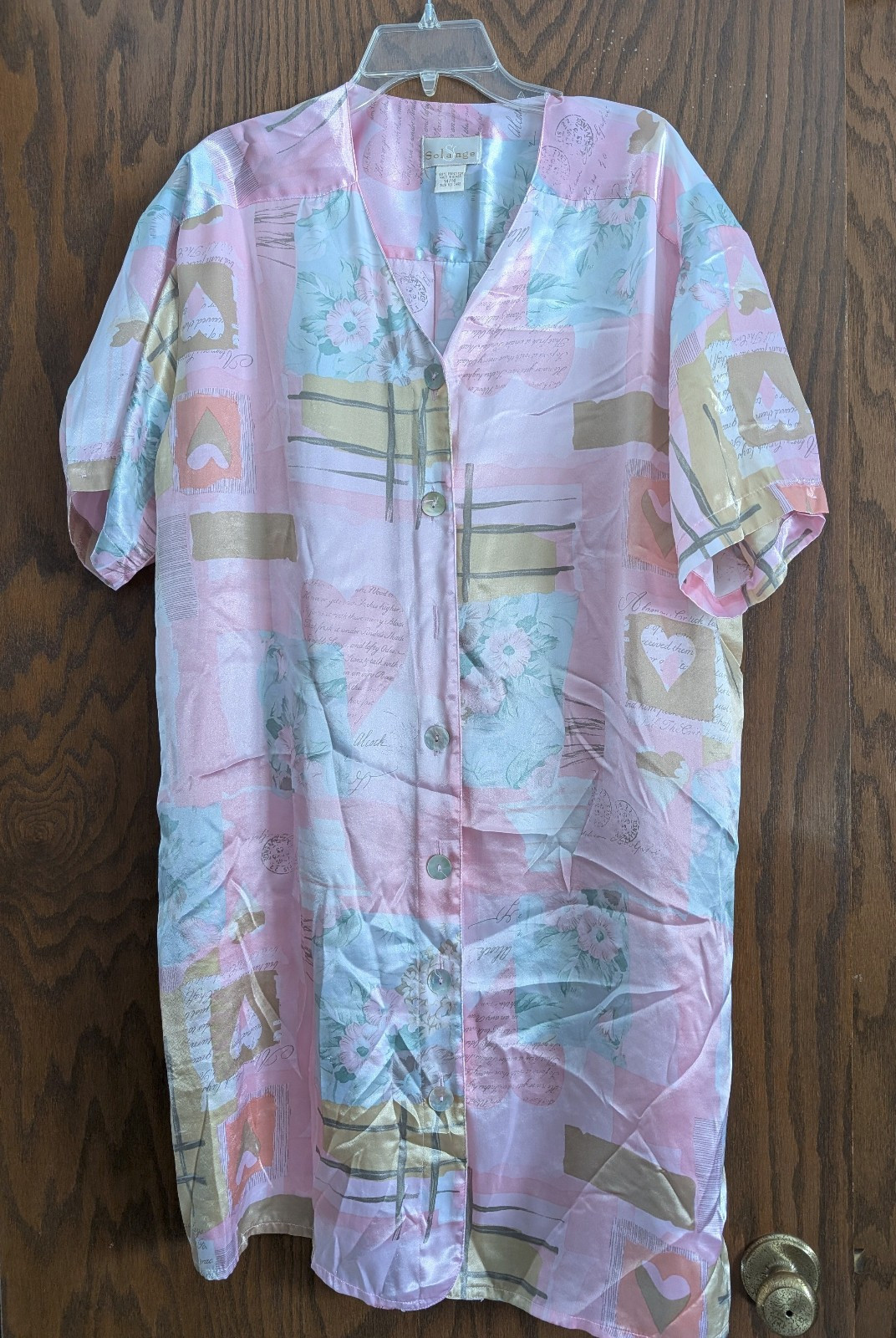 Vtg Solange Pink Print Satin Robe Nightgown 14/16 Buttoned *MISSING BUTTON*
