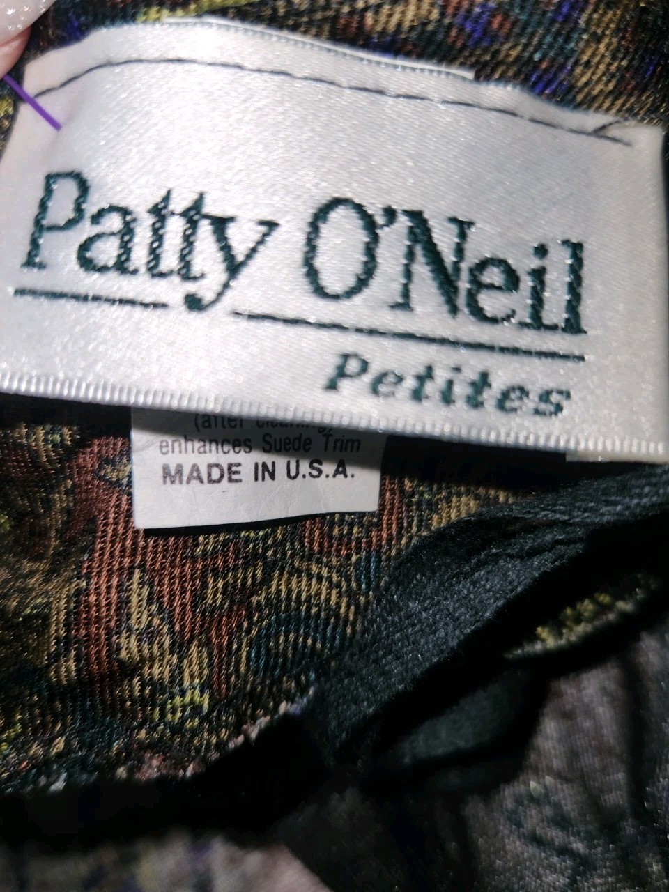 Vintage 80s Dress Green & Purple Paisley Blouson Secretary Faux Suede Accents