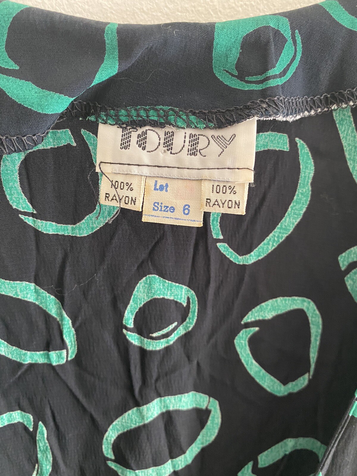 VTG 80’s Toury Dress Black Teal Geometric Overskirt SS Button, Zip Front 6 Rayon
