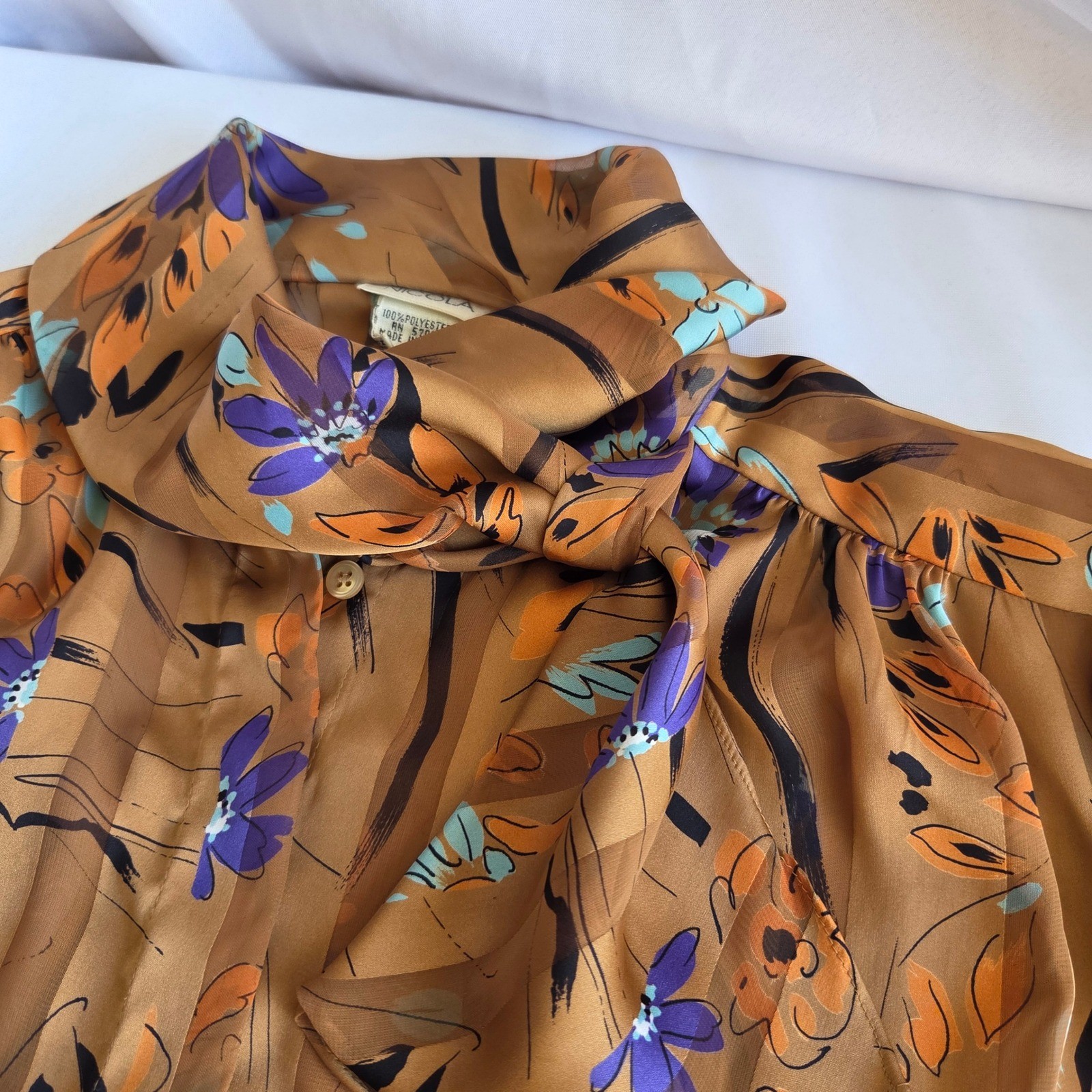 Vintage Nicola Floral Pussy Bow Blouse Brown Orange Purple Shoulder Pads Sz 10