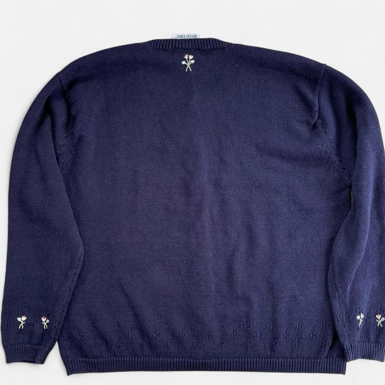 Vintage Northern Reflections Navy Blue Knit Pink Embroidered Flowers Cardigan