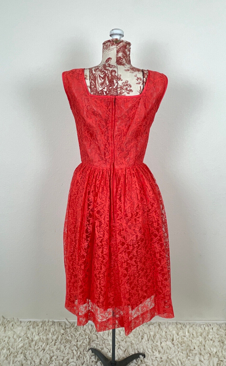 Vtg 50s CORAL LACE Dress J. Harlan Rockabilly Pinup Red Party Sheer Sexy 1950s