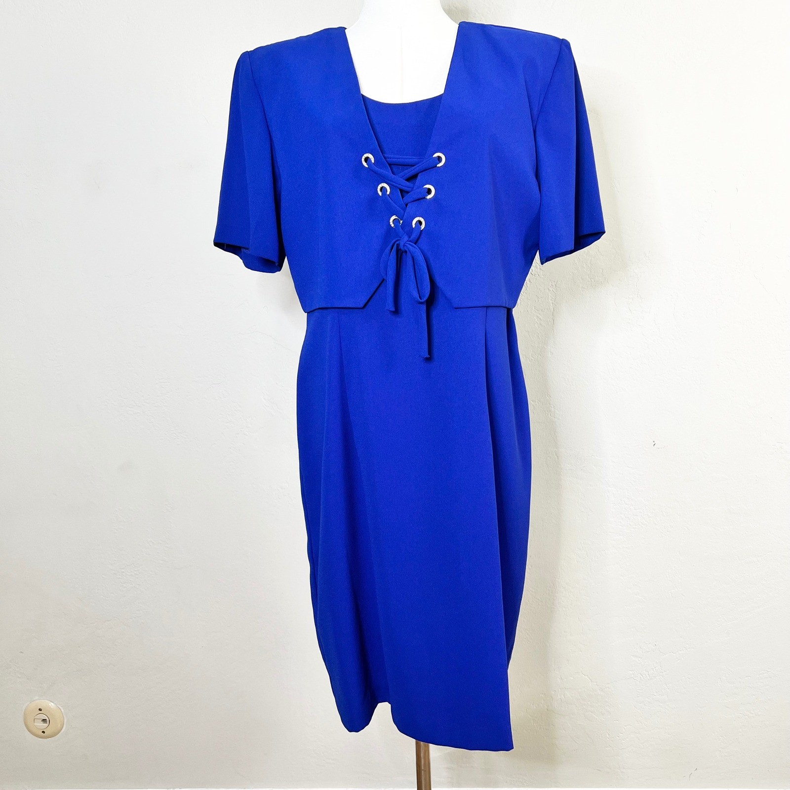 Vintage CDC Evening 90s Royal Blue Lace Up Rhinestone Sheath Dress Size 10
