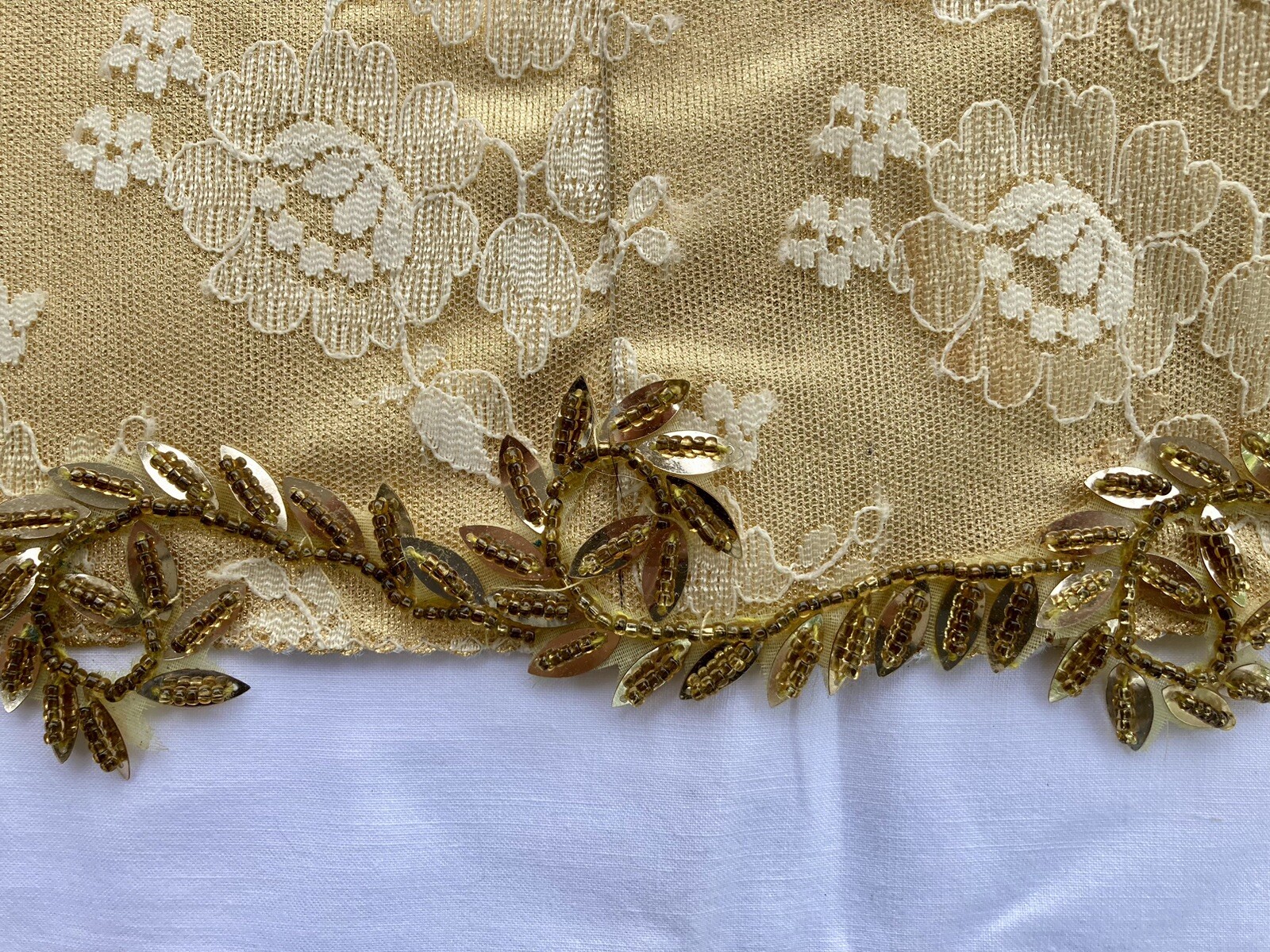 1980s GOLD LONG DRESS w/Lace and Rhinestones; Fancy Trim d1-2