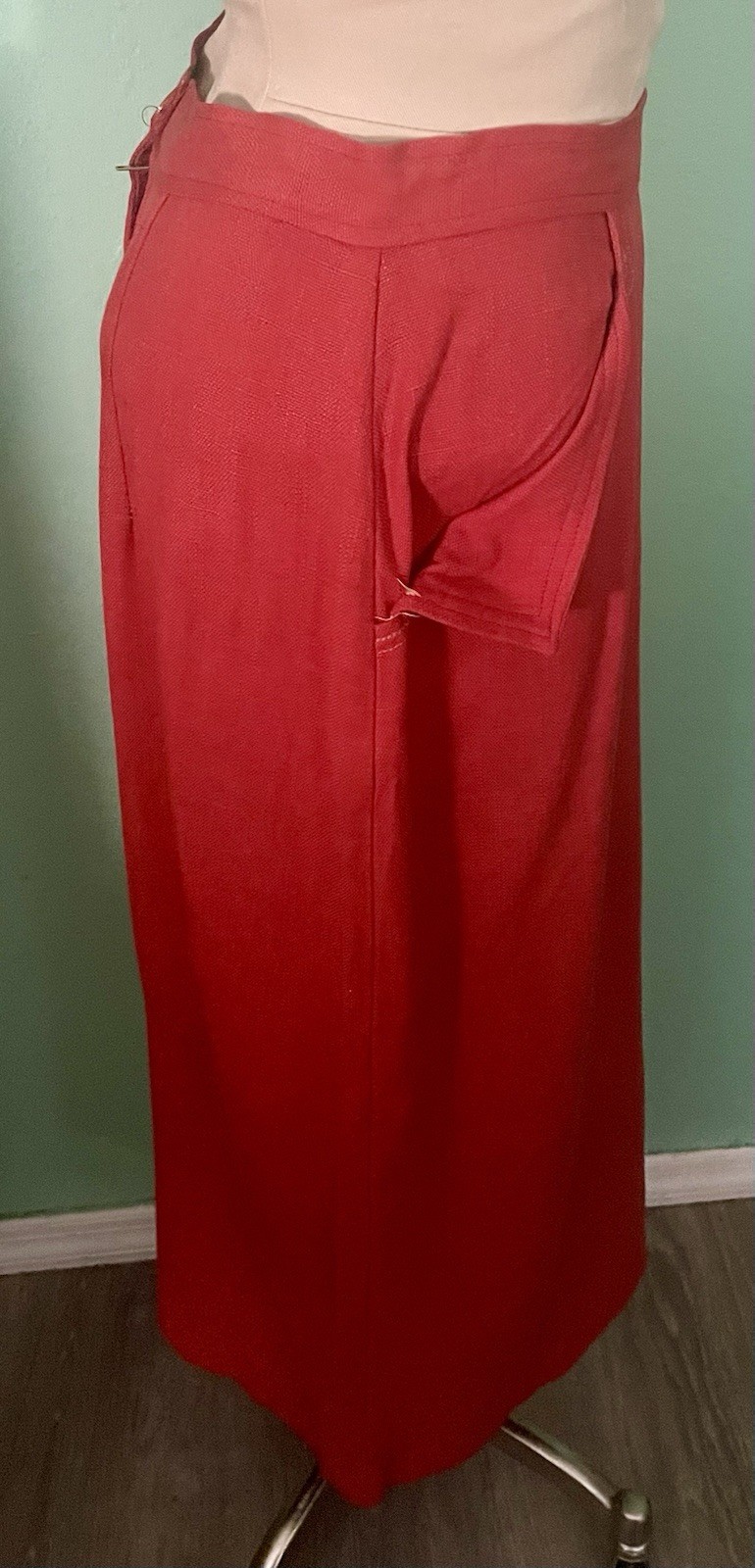 Vintage 1960s Red Linen Secretary Wiggle Skirt With Pockets No Label