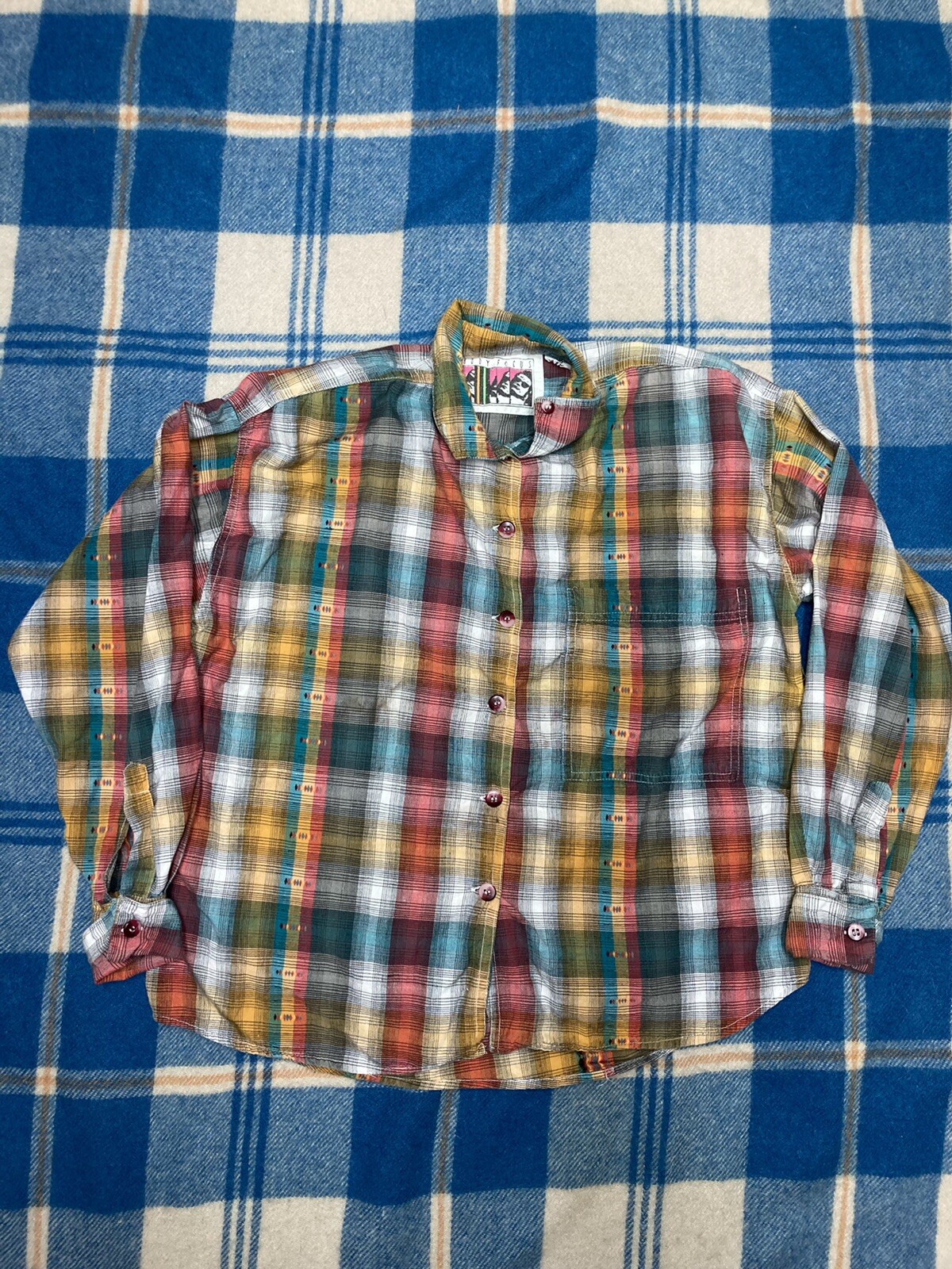 Vintage 70s 80s plaid button up shirt body focus surf adult Small 100% cotton