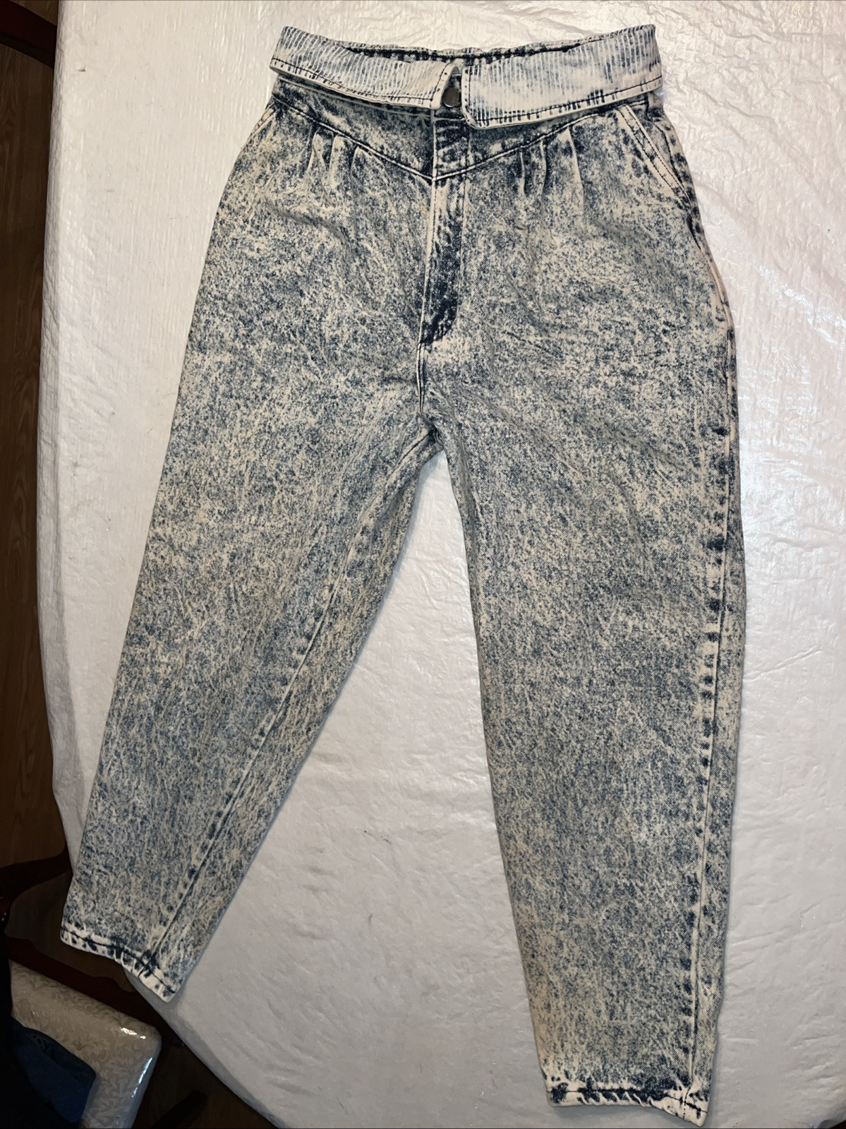 vtg 80s ACID WASHED denim blue jean Scovill zip women 29×29 fold over waist yoke