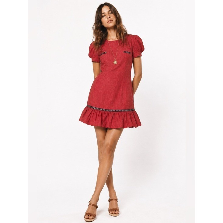 Vintage 1970s Red Puff Sleeve Ruffle Mini Dress Retro Boho