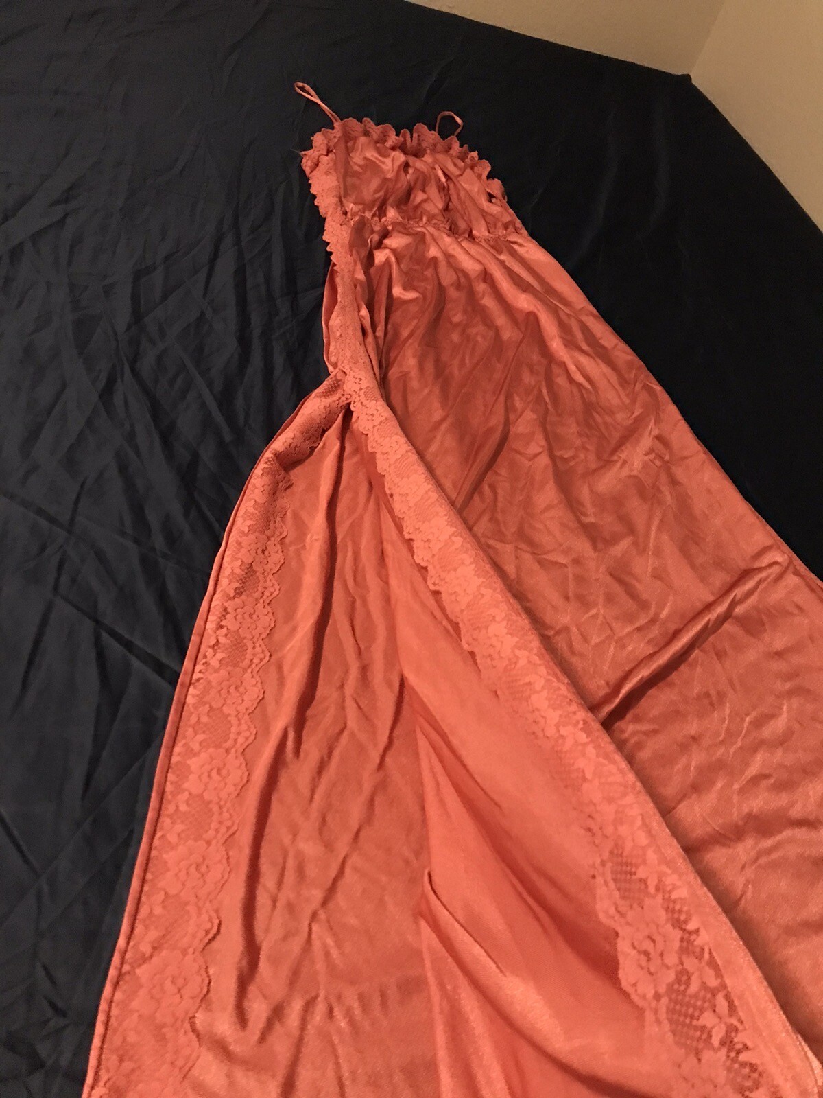 Vtg M Tall Lady Cameo Salmon Soft Nylon Nightgown Negligee Gown Lace