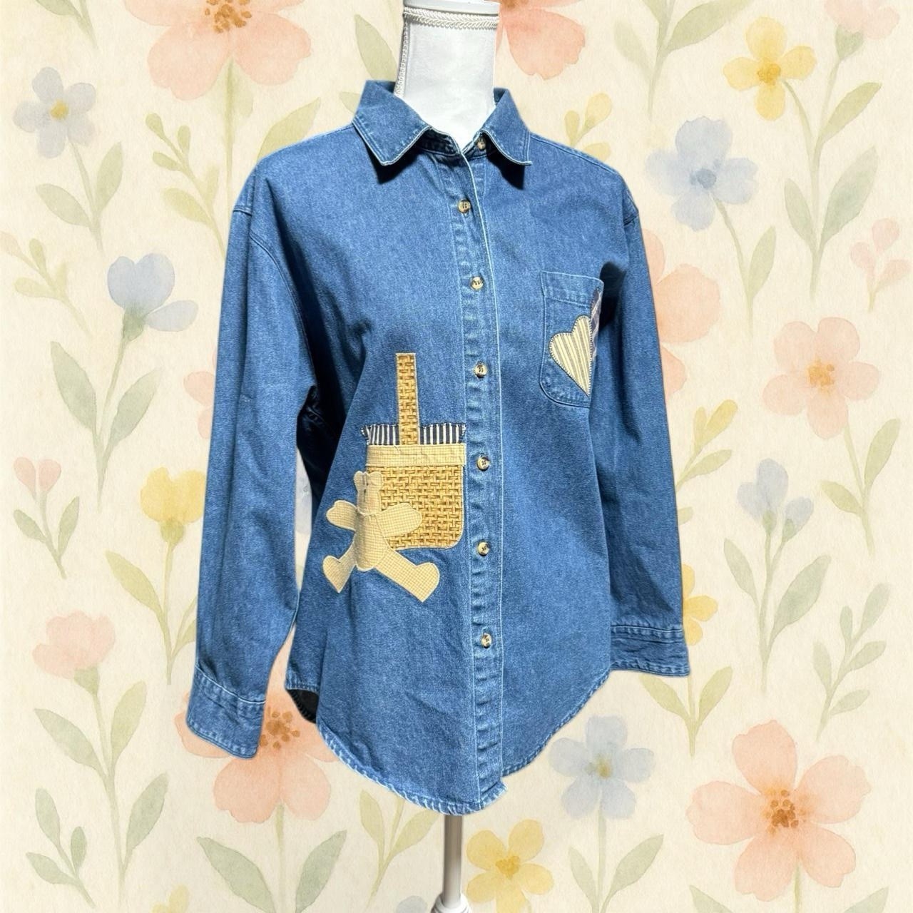 Vintage Teddy Bear Applique Denim Button Up Shirt Cottagecore Picnic Top Med